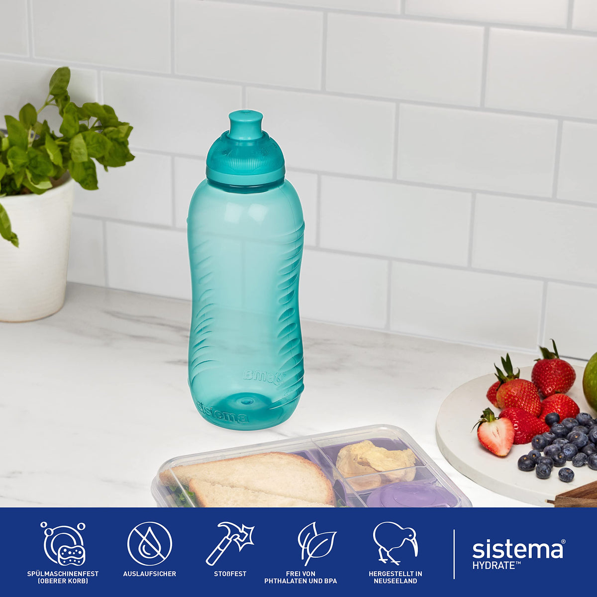 Sistema Squeeze Twist 'n' Sip Sports Water Bottles | 460 ml | Leakproof Kids Water Bottles | BPA-Free | Blue | 4 Count