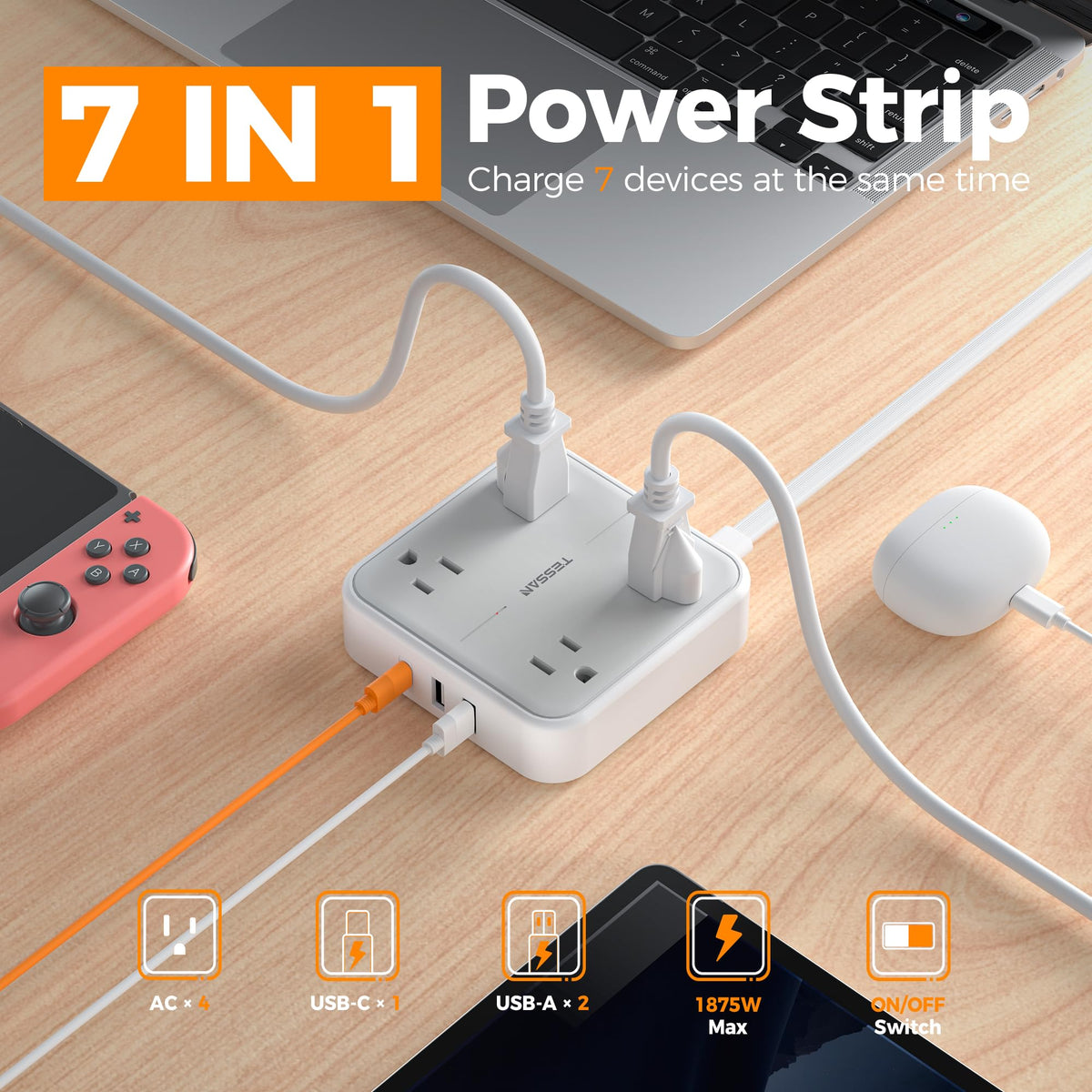 TESSAN PD 20W Surge Protector Extension Cord 5Ft, Flat Plug Power Strip