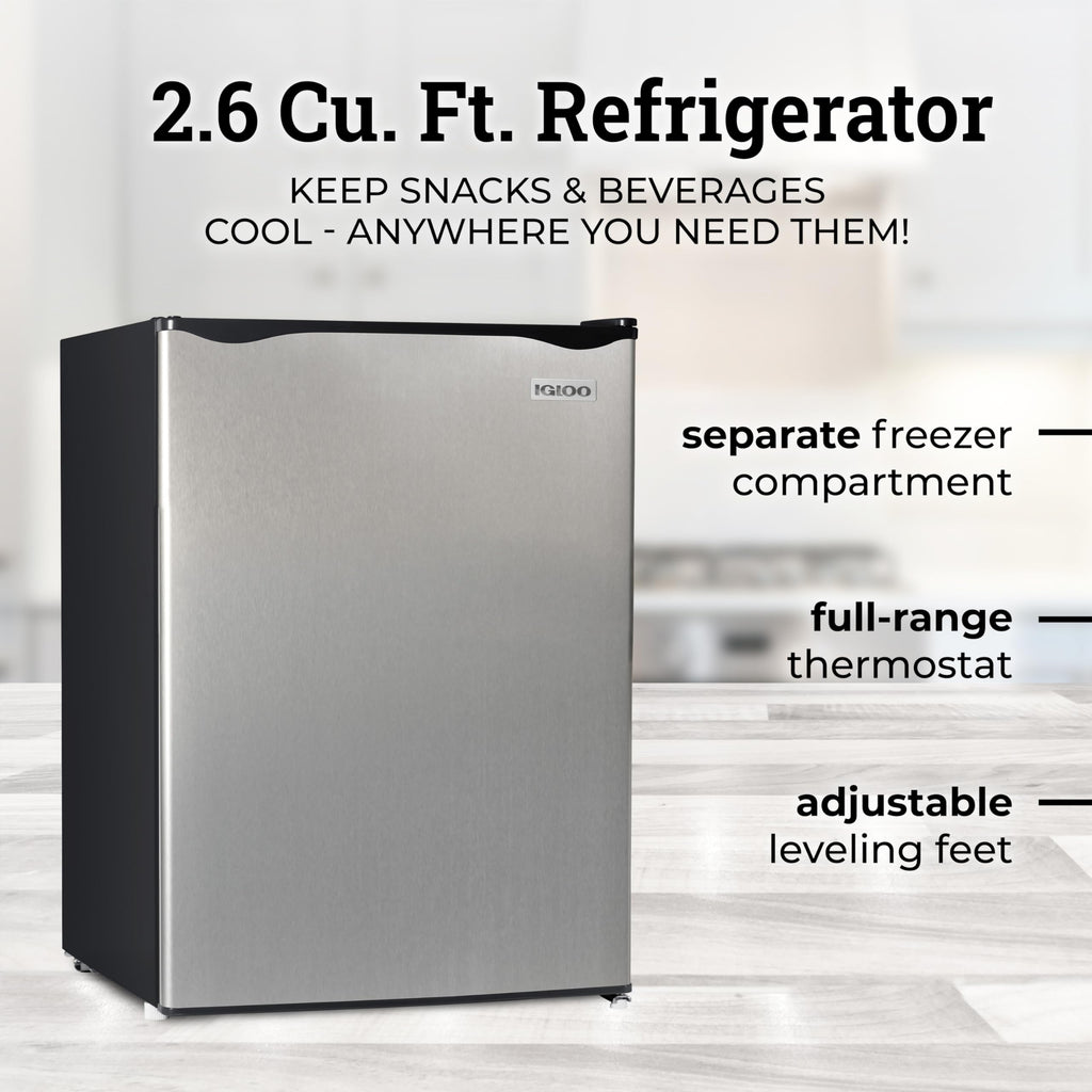 Igloo 2.6 Cu.Ft Mini Fridge with Freezer- Single Door Compact Refrigerator with Glass Shelves for Homes, Dorms & Offices- Keep Snacks, Drinks & Frozen Foods Cool with Temperature Control Fridge- White