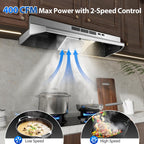 Tieasy Under Cabinet Range Hood 24 Inch, 400 CFM Stainless Steel Convertible Vent Hood with 2 Speed Exhaust Fan and Rocker Switch Control, Ducted/Ductless Kitchen Hood with Multiple Venting Options