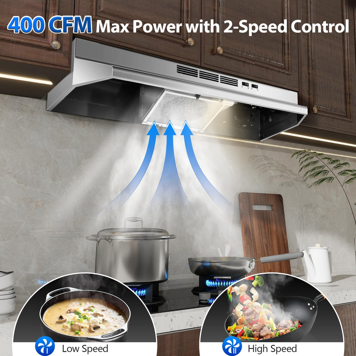 Tieasy Under Cabinet Range Hood 24 Inch, 400 CFM Stainless Steel Convertible Vent Hood with 2 Speed Exhaust Fan and Rocker Switch Control, Ducted/Ductless Kitchen Hood with Multiple Venting Options