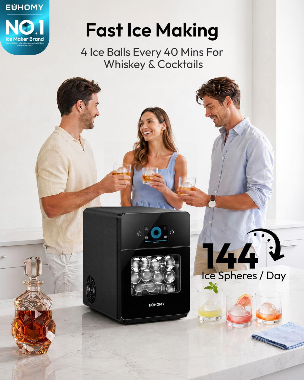 EUHOMY 2.4" Ice Ball Maker Countertop, 3Pcs Ready in 40Mins, 108Pcs/Day, Self-Cleaning Sphere Ice Maker Machine with Crystal Clear Ice, Round Ice Cube Maker for Whiskey & Bourbon