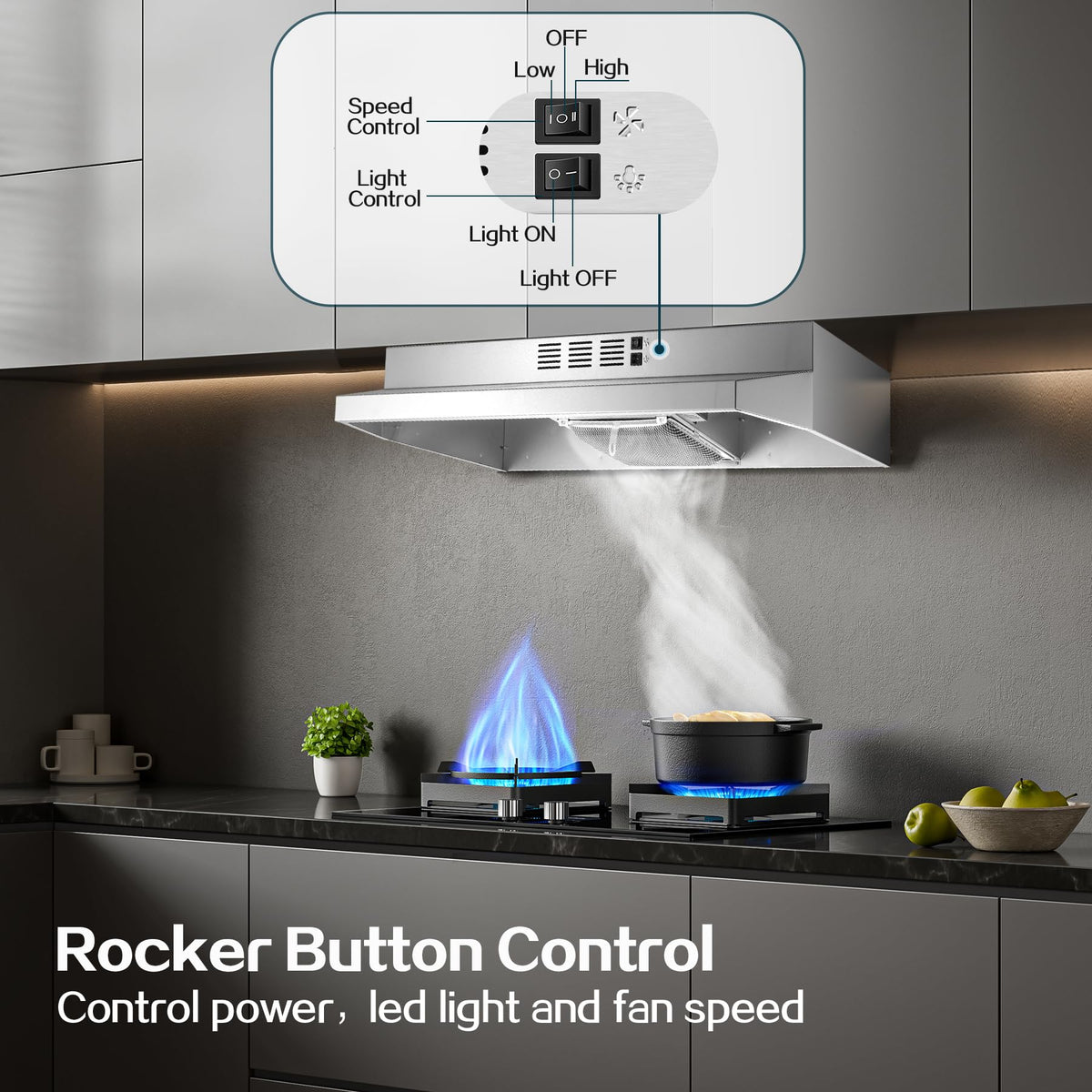Range Hood 30 inch Under Cabinet, Stainless Steel Kitchen Vent Hood 280CFM, Built-in Kitchen Stove Hood w/Rocker Button Control, Ducted/Ductless Convertible Duct, 2 Speeds Fan, Bright LED Light