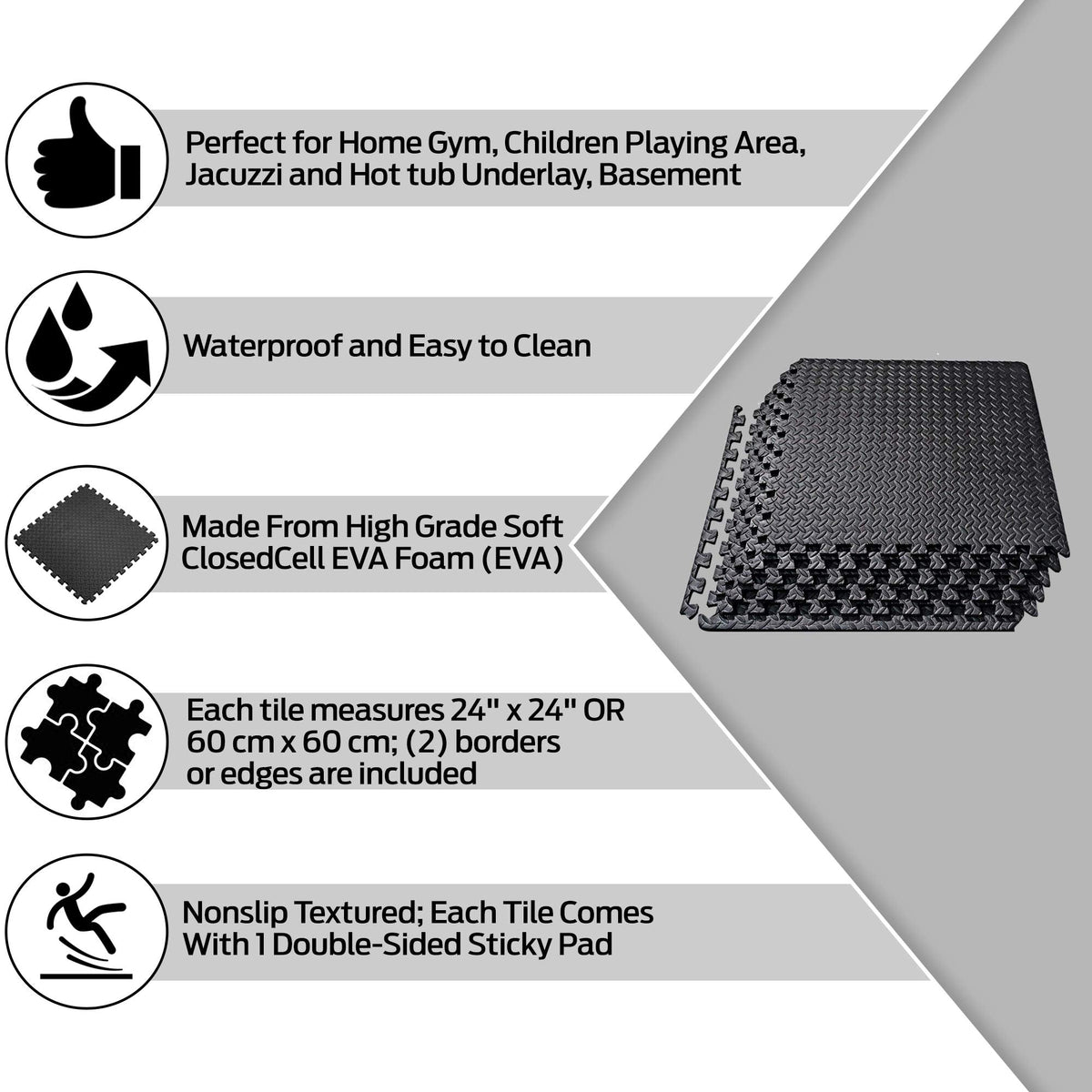 ComFy Mat Gym Flooring Mat, Foam Exercise Mats, Interlocking Puzzle EVA Floor Tiles, Non slip Rubber Cushion For Home Workout, Bonus Adhesives,24"X24"(60x60cm)