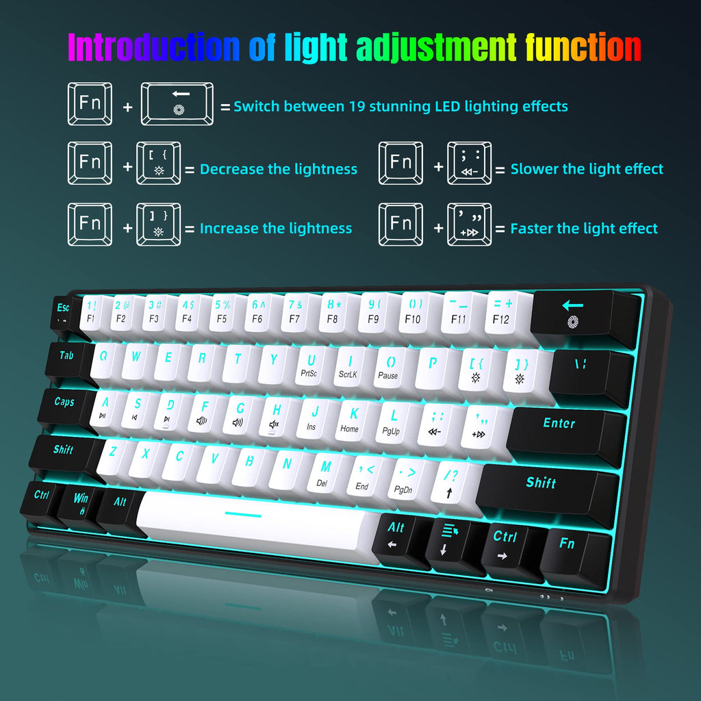 Snpurdiri 60% Wired Mechanical Gaming Keyboard, Ice Blue LED Backlit 61 Keys Mini Wired Office Keyboard for Windows Laptop PC Mac (Black-White, Red Switches)