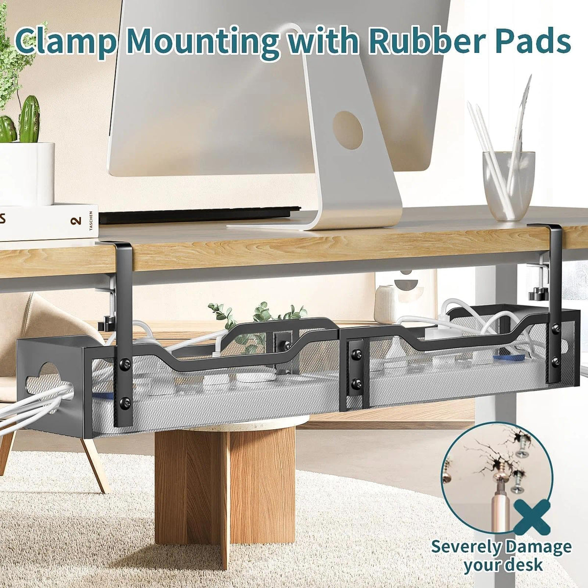 Under Desk Cable Management Tray 2 Pack, No Drill Cable Organizer With Clamp for Standing Desk, Easy to Install Cord Management System, No Damage Wire Organizer