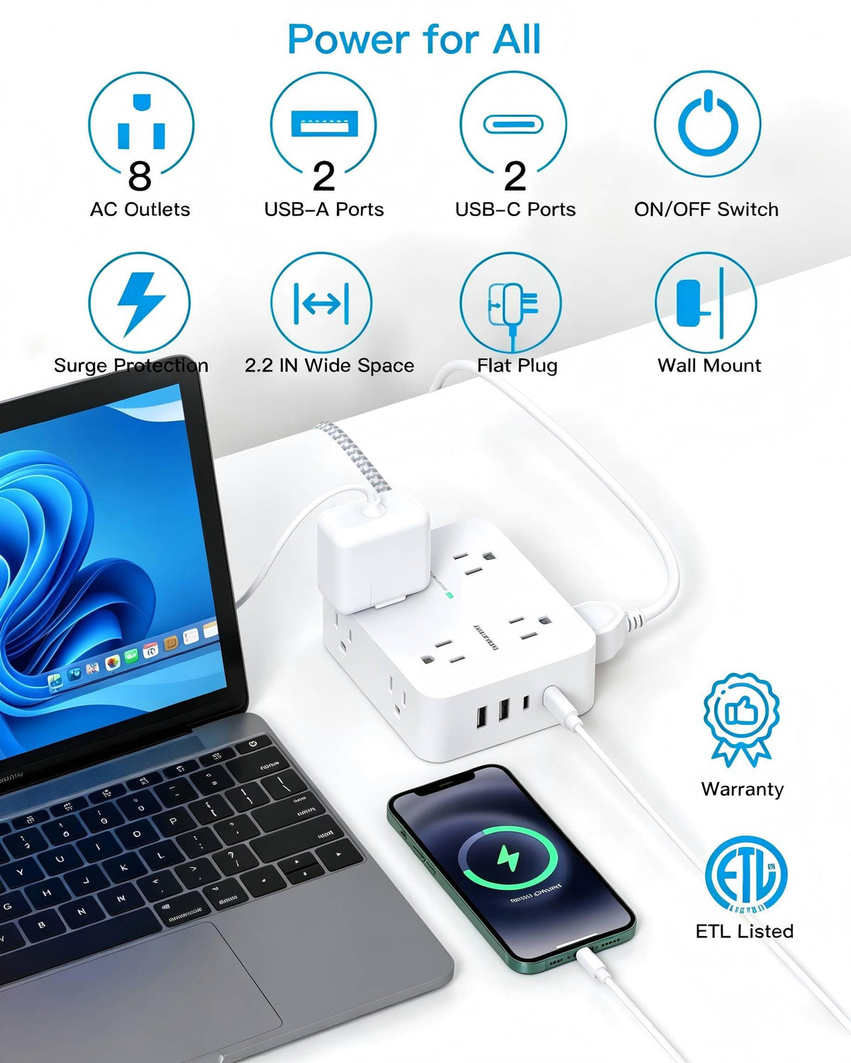 Extension Cord 10 Ft, Ultra Thin Flat Plug Power Strip Surge Protector