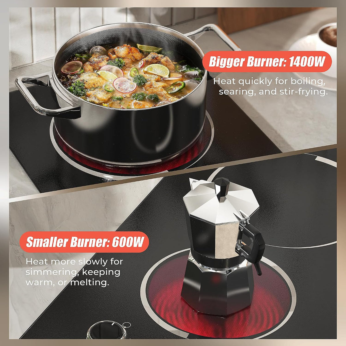 2 Burner Electric Cooktop 110V 2000W Countertop or Built-in