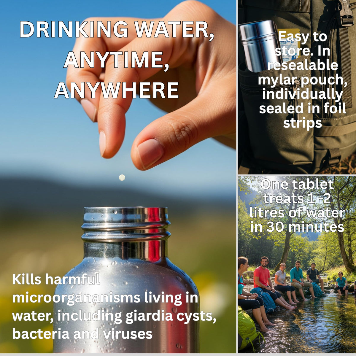 Water Purification Tablets 8.5mg x 100 – Water Treatment Tablets for Drinking Water – Water Purifier Tablets for Camping, Hiking, Travel, Survival & Emergency Prep – Each Tablet Treats 1–2 Litres