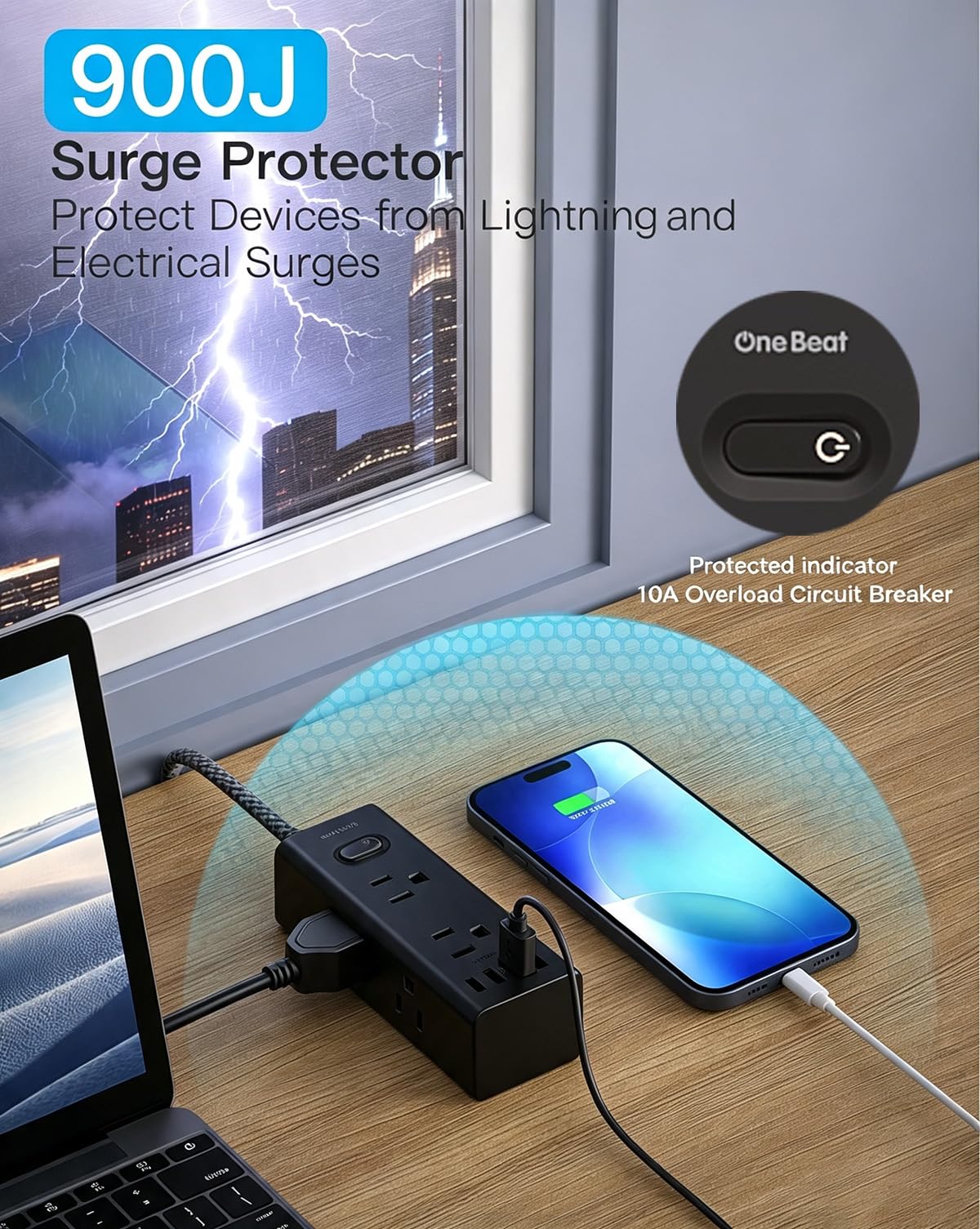One Beat Surge Protector Power Strip, 5 Ft Flat Plug Extension Cord, 900J
