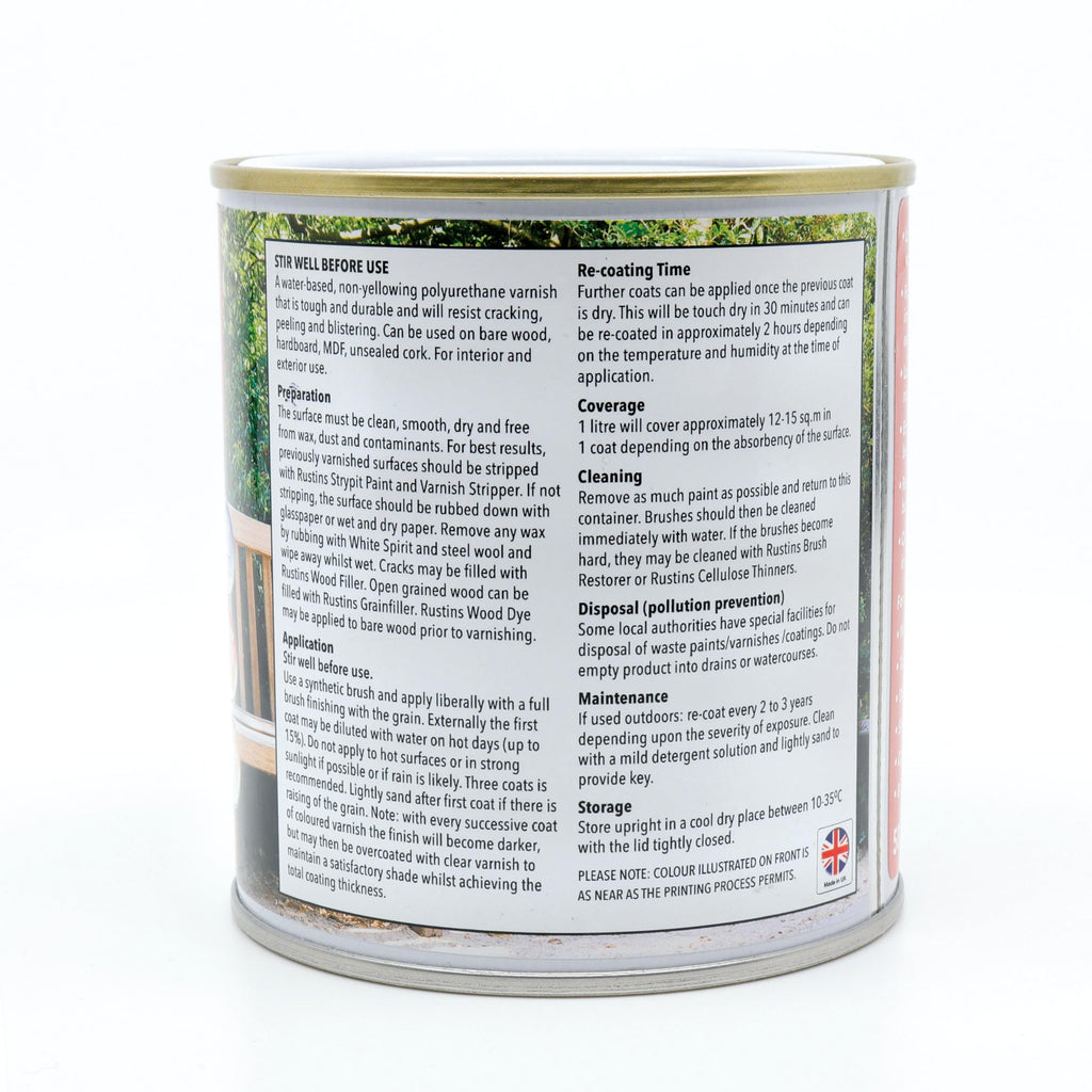 RustinsQuick Dry Poly Varnish Satin Clear 500ml -Tough, Water-Based Clear Finish in Gloss, Matt or Satin; Durable Protection for Interior Wood, Furniture and Floors