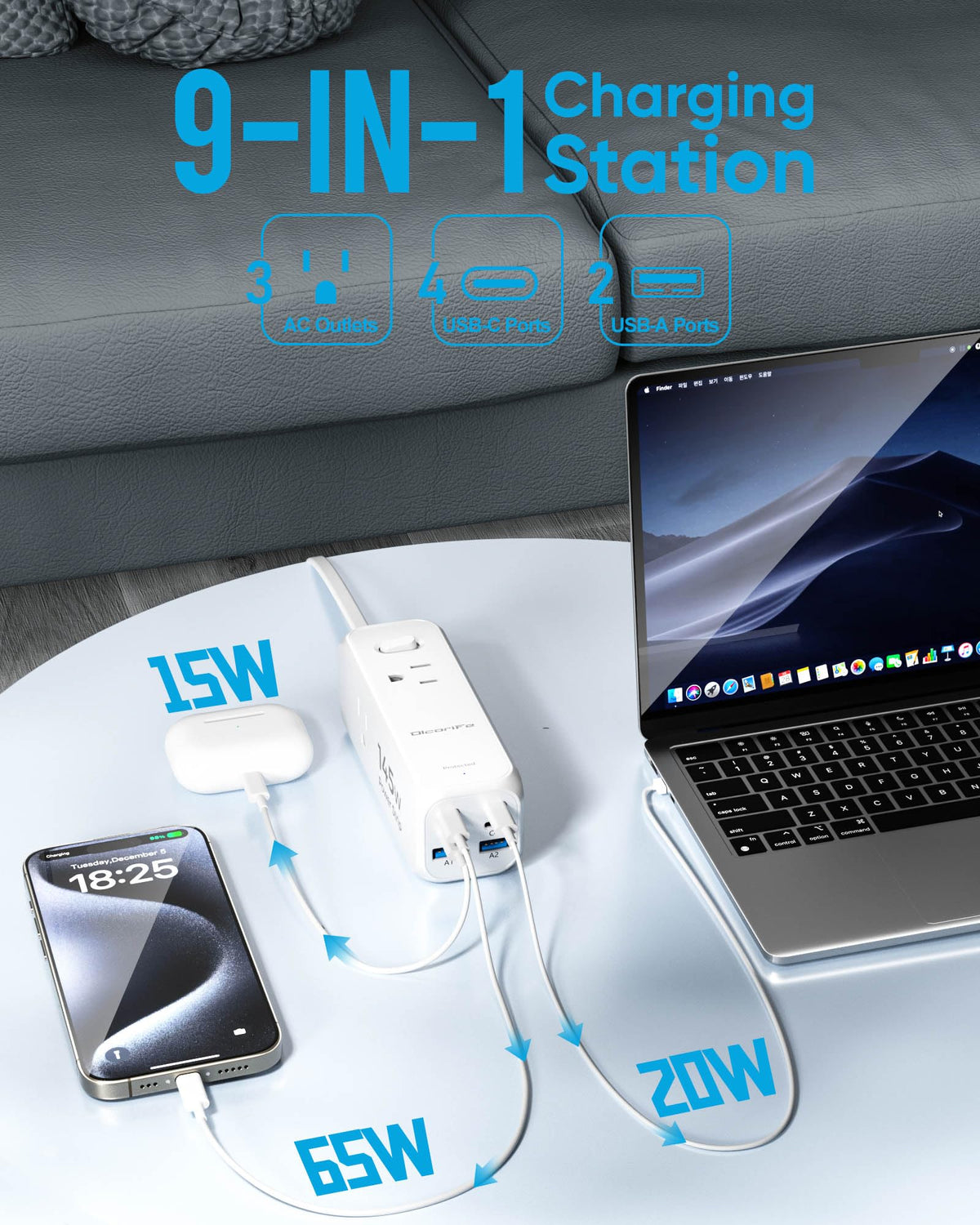 Olcorife Flat Plug Power Strip with 15 FT Extension Cord, 6 Outlets 3 USB Ports(1 USB C), 3 Sided Outlet Extender for Home Office Travel Dorm Room Essentials, White