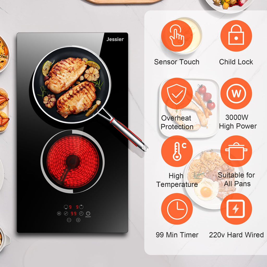 2 Burner Electric Cooktop 110V 2000W Countertop or Built-in