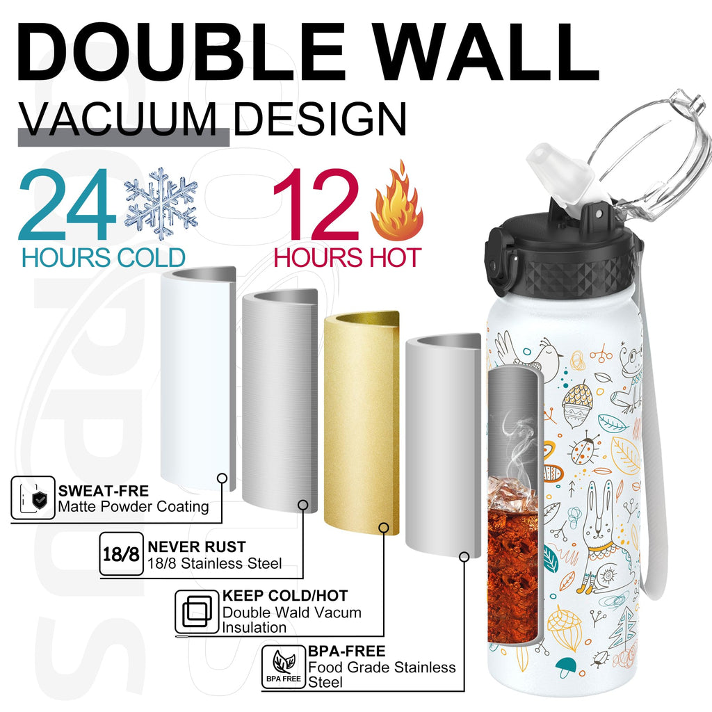 GOPPUS 600ml/20oz Stainless Water Bottle with Straw Double Wall Insulated Bottles with Strap One Hand Open Vacuum Thermal Flask with Flip Top Lid Leakproof Keep Cold Drinks BPA Free