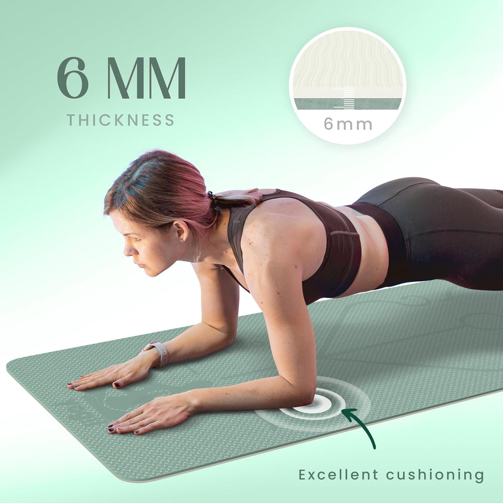 Yogii Yoga Mat - Non-Slip 6mm Thick TPE & Travel-friendly Yoga Mat - Perfect for Home & Gym Exercise Fitness & Pilates - With Laser Alignment Guides for Men & Women