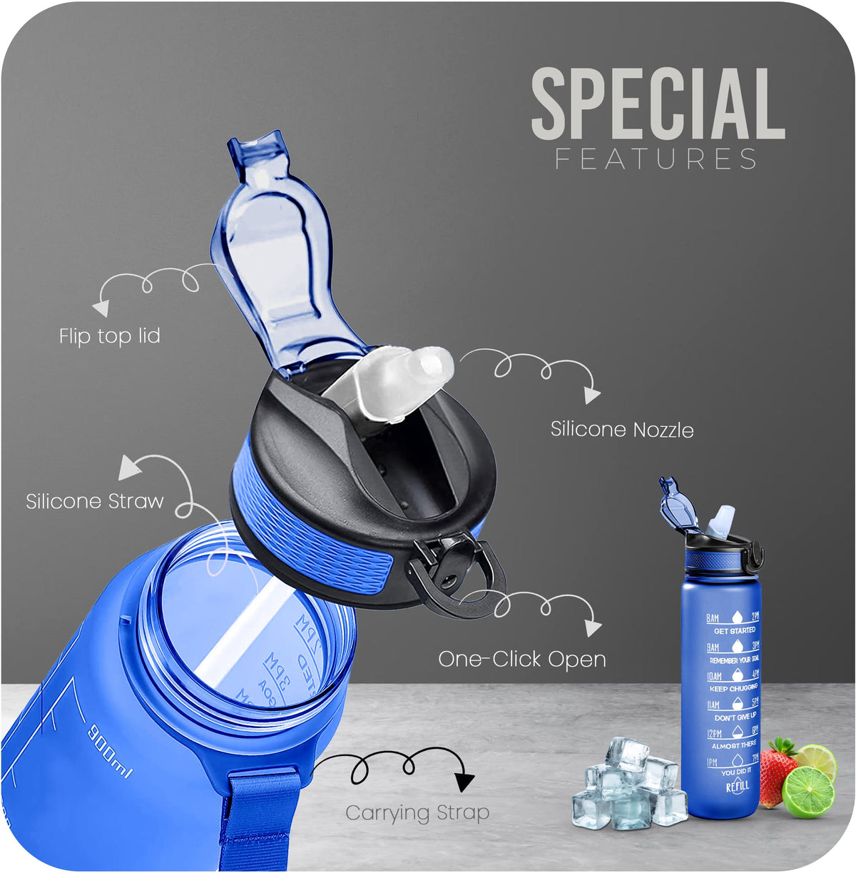 Roe Tenpo Sports Water Bottle with Straw and Time Marking, and 32OZ Capacity - Motivational and Eco-Friendly BPA-Free Bottle for Running, Gym, Yoga, Outdoors, and Camping (Style-1, Black)