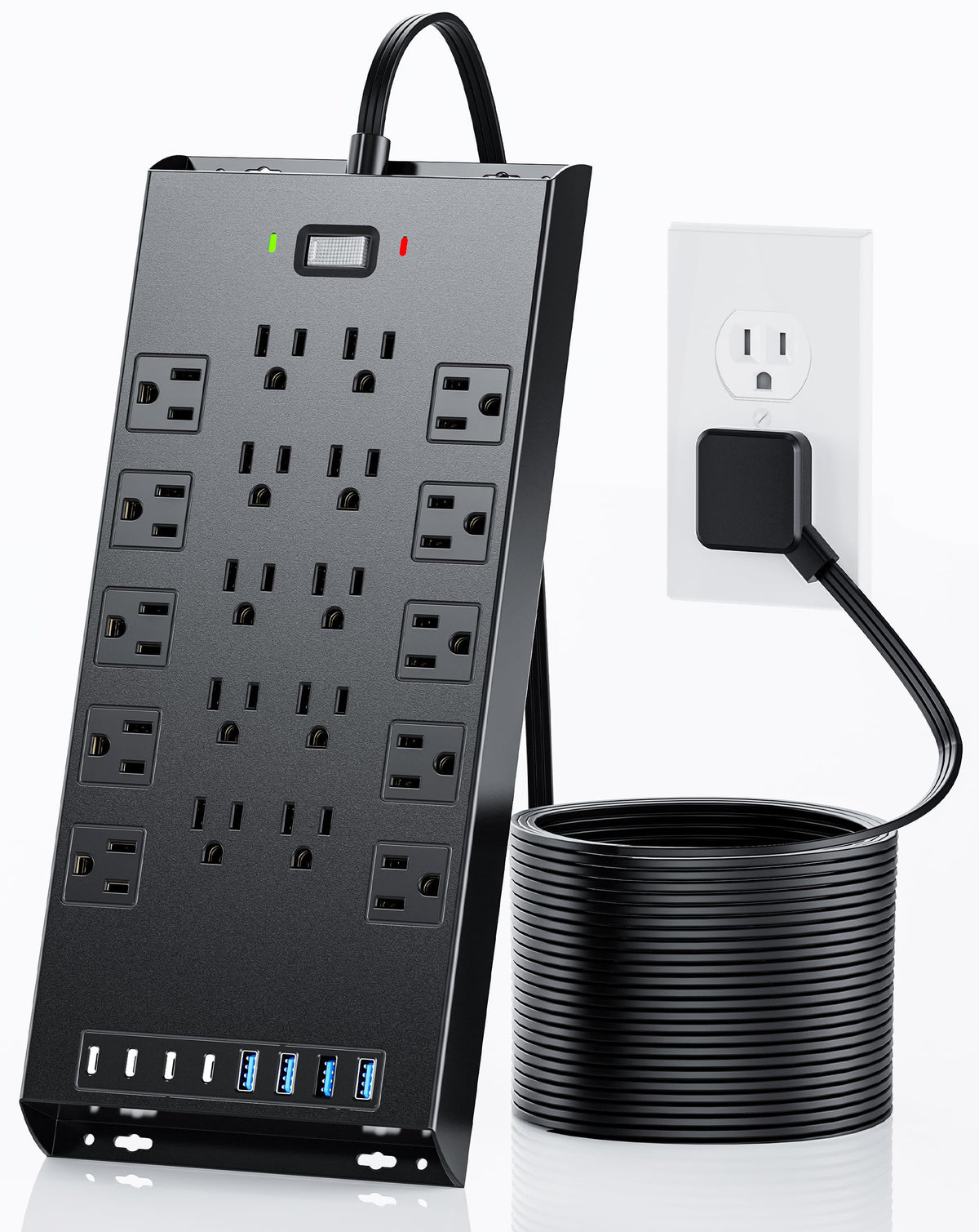 Surge Protector Power Strip 4800J, LeZone 10Ft Long Extension Cord Flat Plug, 20 Outlets 8 USB Ports(4 USB-C), Wall Mountable, Desk Charging Station, Black