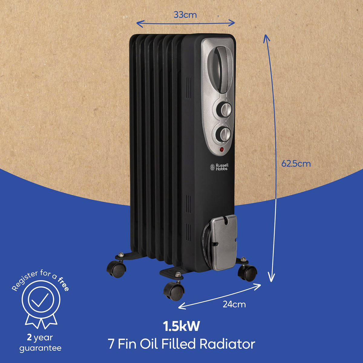 Russell Hobbs 2000W/2KW Oil Filled Radiator, 9 Fin Portable Electric Heater - White, Adjustable Thermostat with 3 Heat Settings, Safety Cut-off, 20 m sq Room Size, RHOFR5002, 2 Year Guarantee