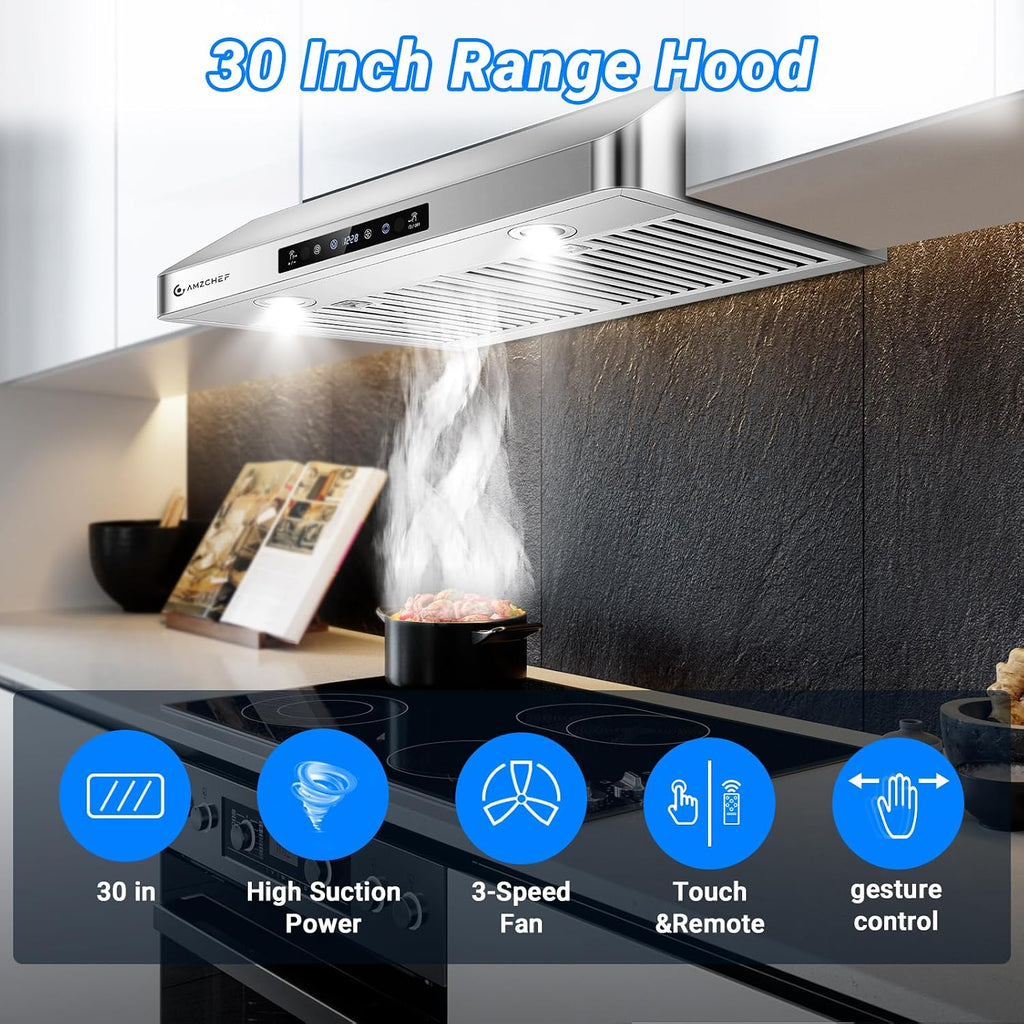 AMZCHEF 30" Under Cabinet Range Hood, 750CFM Stainless Steel Vent Hood