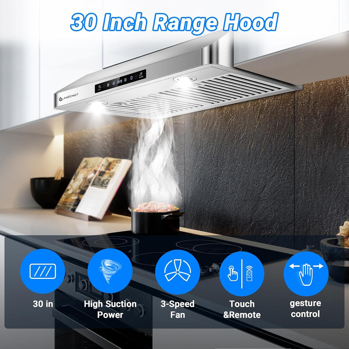 AMZCHEF 30" Under Cabinet Range Hood, 750CFM Stainless Steel Vent Hood