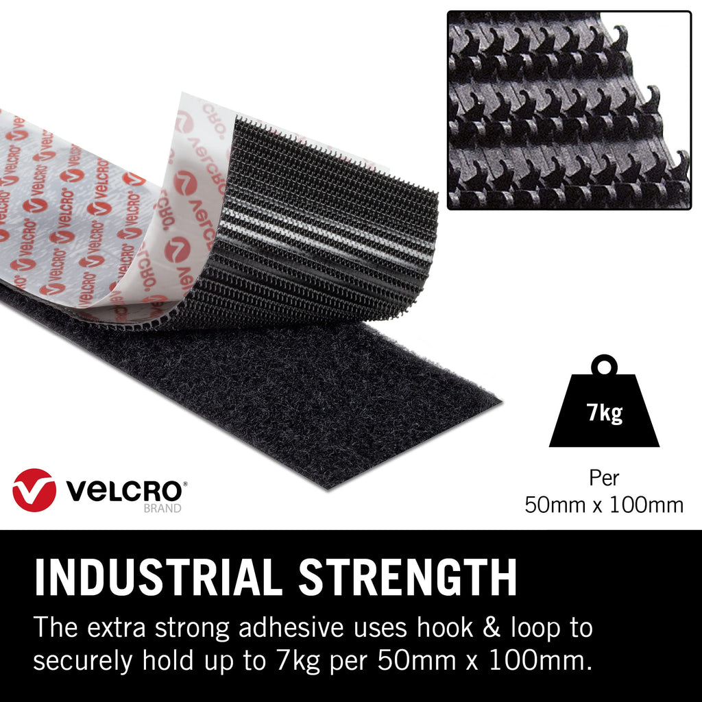 VELCRO Brand, Heavy Duty Stick On Tape, Cut-to-Length Industrial Extra Strong Double Sided Hook & Loop Self Adhesive Tape Perfect for Room Décor & Home, Office, Garage Use, White, 50mm x 1m