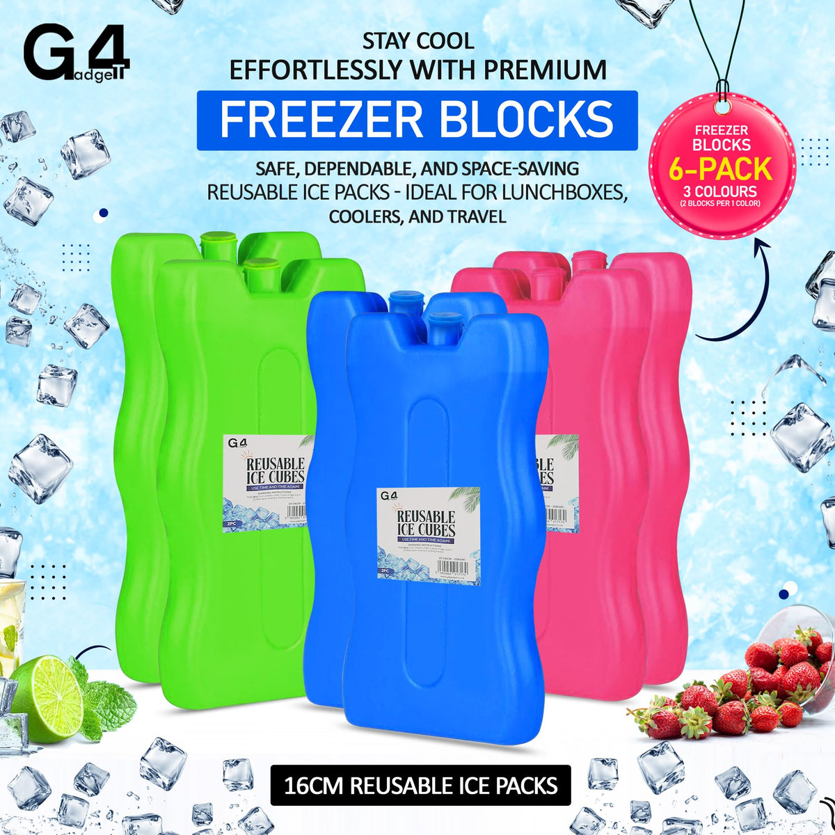 G4GADGET 16cm Freezer Blocks – Pack of 4 – Long-Lasting Reusable Ice Packs for Coolers, Picnic Bags, Travel & Outdoor Adventures – Ideal for Beach & Hiking Trips