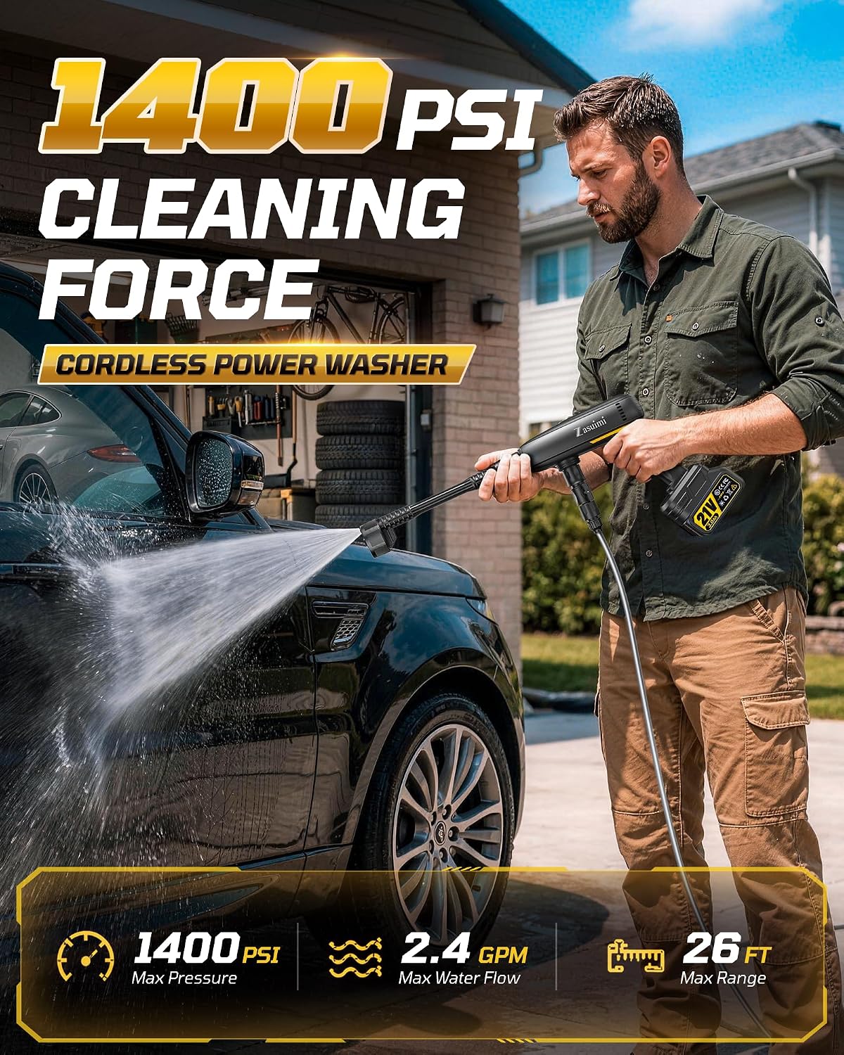 Cordless Portable Washer, Handheld Washer with Adjustable Modes, 26FT High-Elastic Hose & 6-in-1 Nozzle, Suitable for Car, Garden, Patio and Home Cleaning