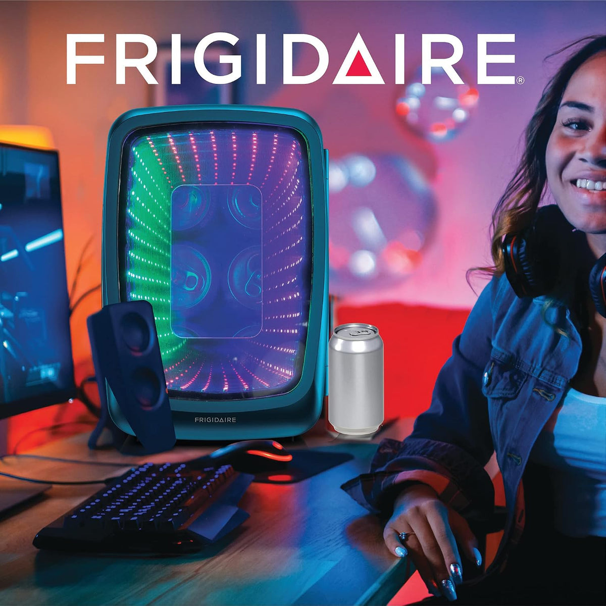 Frigidaire Gaming Light Up Mini Beverage Refrigerator, 6 can, 4 liters, Cooler with large see through door and LED lights Perfect for Gaming Experience, Home, Office, or Cars.12V Charger (Blue)
