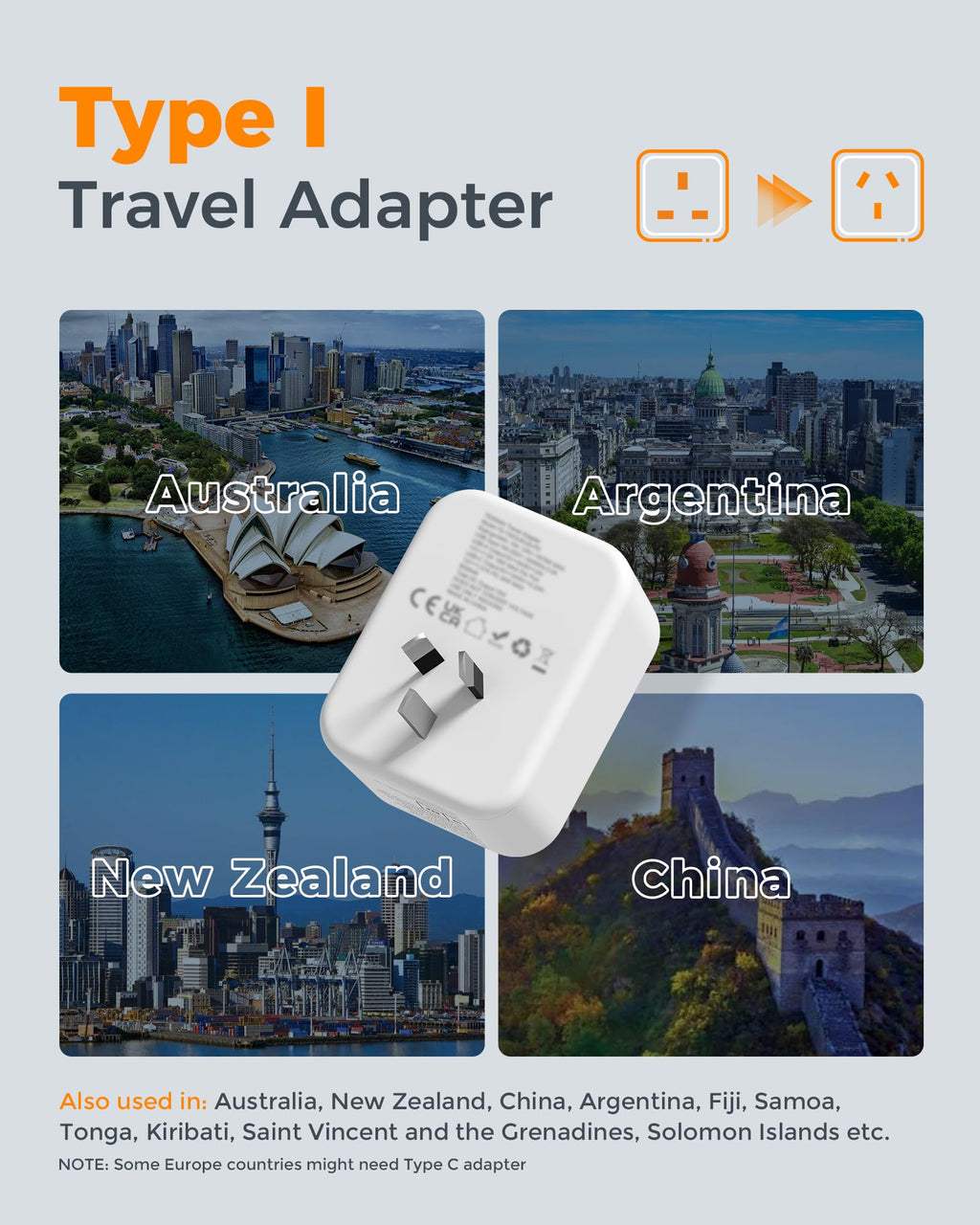 TESSAN UK to US Plug Adaptor 2 Pack, Type B USA Travel Adapter with USB C