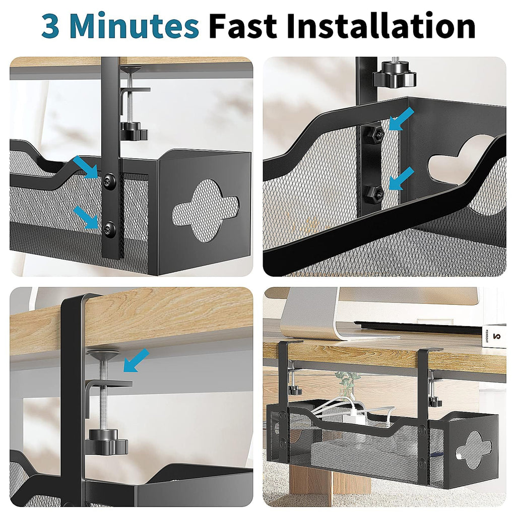 Under Desk Cable Management Tray 2 Pack, No Drill Cable Organizer With Clamp for Standing Desk, Easy to Install Cord Management System, No Damage Wire Organizer