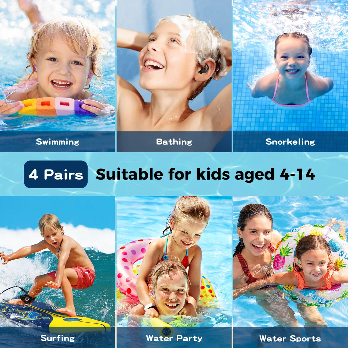 Swimming Ear Plugs for Kids,4 Pairs Reusable Silicone Ear Plugs Swimming