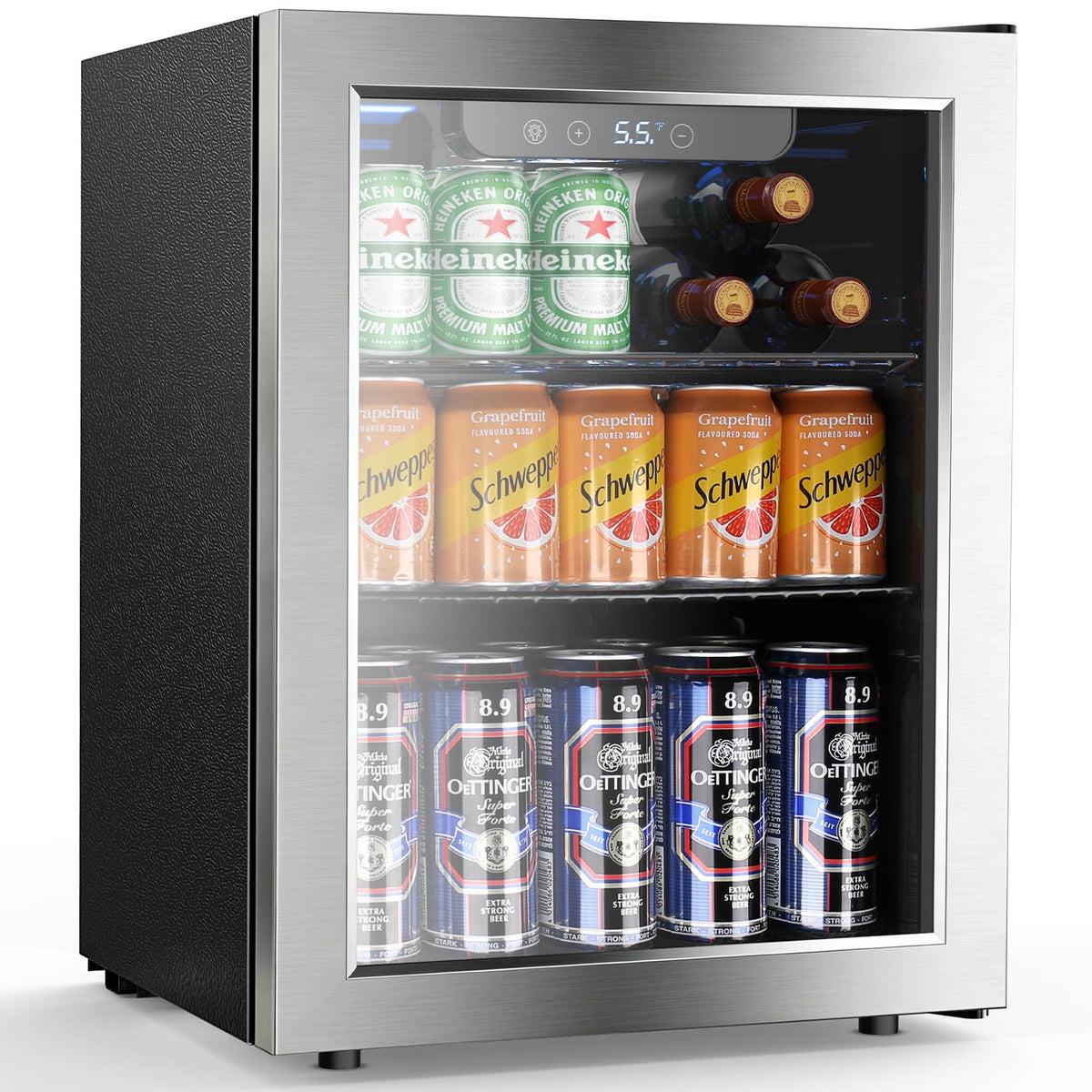 Electactic 48 Can Beverage Refrigerator,12 Bottle Wine Cooler with Seamless Stainless Steel & Glass Door, Digital Temperature Display, Countertop Mini Fridge for Soda, Wine or Beer, Silver