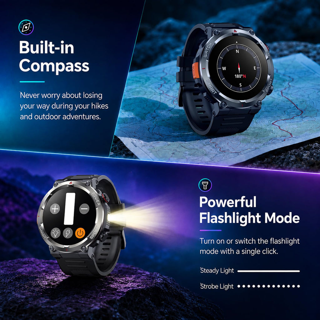 Blackview Military Smart Watch for Men (Answer/Make Calls), 1.45" Fitness Tracker with 100-Day Battery/Flashlight/Compass/Heart Rate/SpO2/Sleep, 150+ Sports IP68 Waterproof Smartwatch for iOS Android
