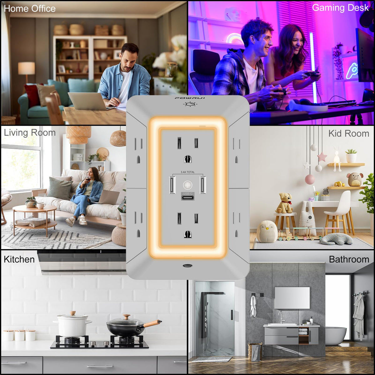 Multi Plug Wall Outlet Night Light, POWRUI 6 Outlet Extender & 3 USB Ports