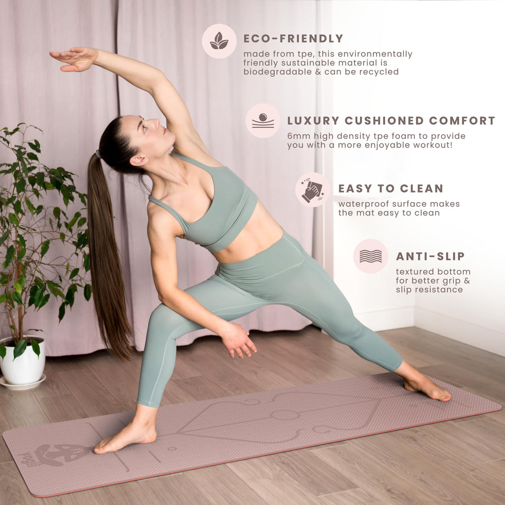 Yogii Yoga Mat - Non-Slip 6mm Thick TPE & Travel-friendly Yoga Mat - Perfect for Home & Gym Exercise Fitness & Pilates - With Laser Alignment Guides for Men & Women