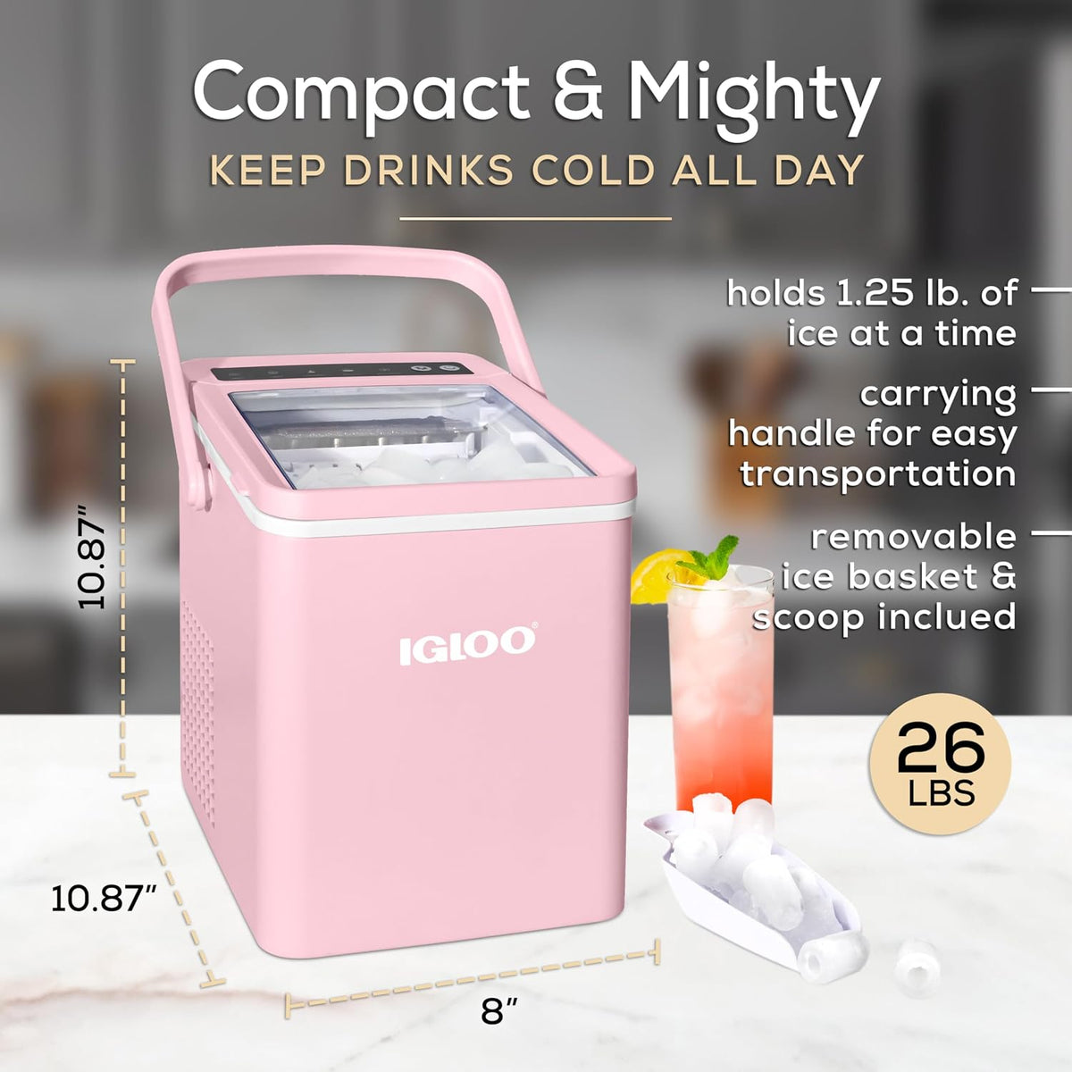 Igloo Ice Maker Countertop, Portable Ice Maker with Handle, 26lbs, Black