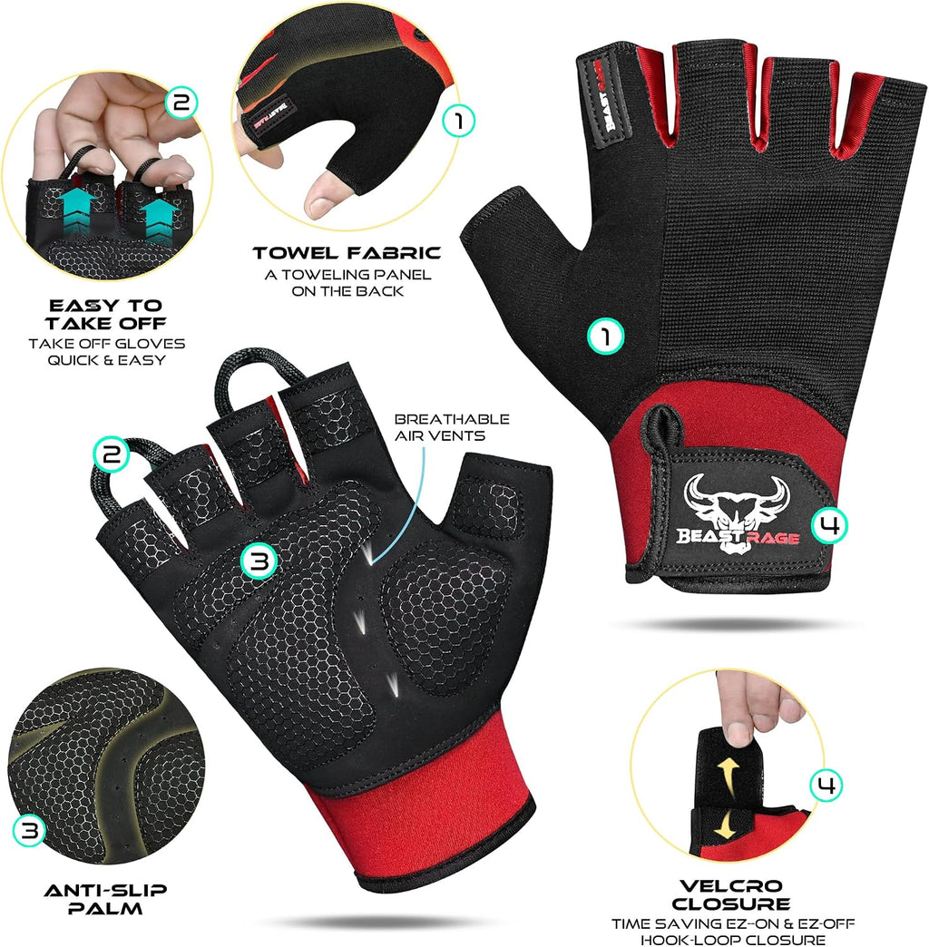 BEAST RAGE Gym Gloves Weight lifting Gloves Training Anti Slip Padded Palm Half Finger Powerlifting Workout Exercise Gloves for Men and Women