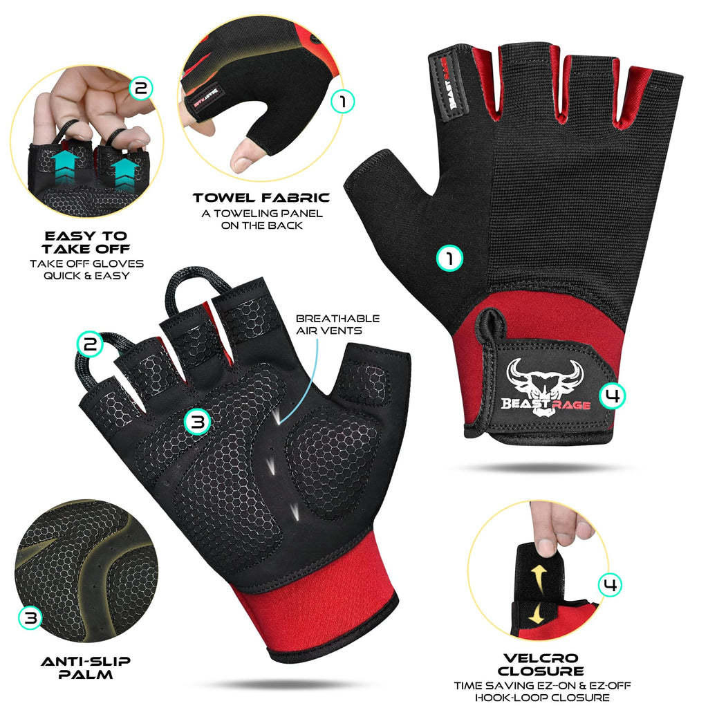 BEAST RAGE Gym Gloves Weight lifting Gloves Training Anti Slip Padded Palm Half Finger Powerlifting Workout Exercise Gloves for Men and Women
