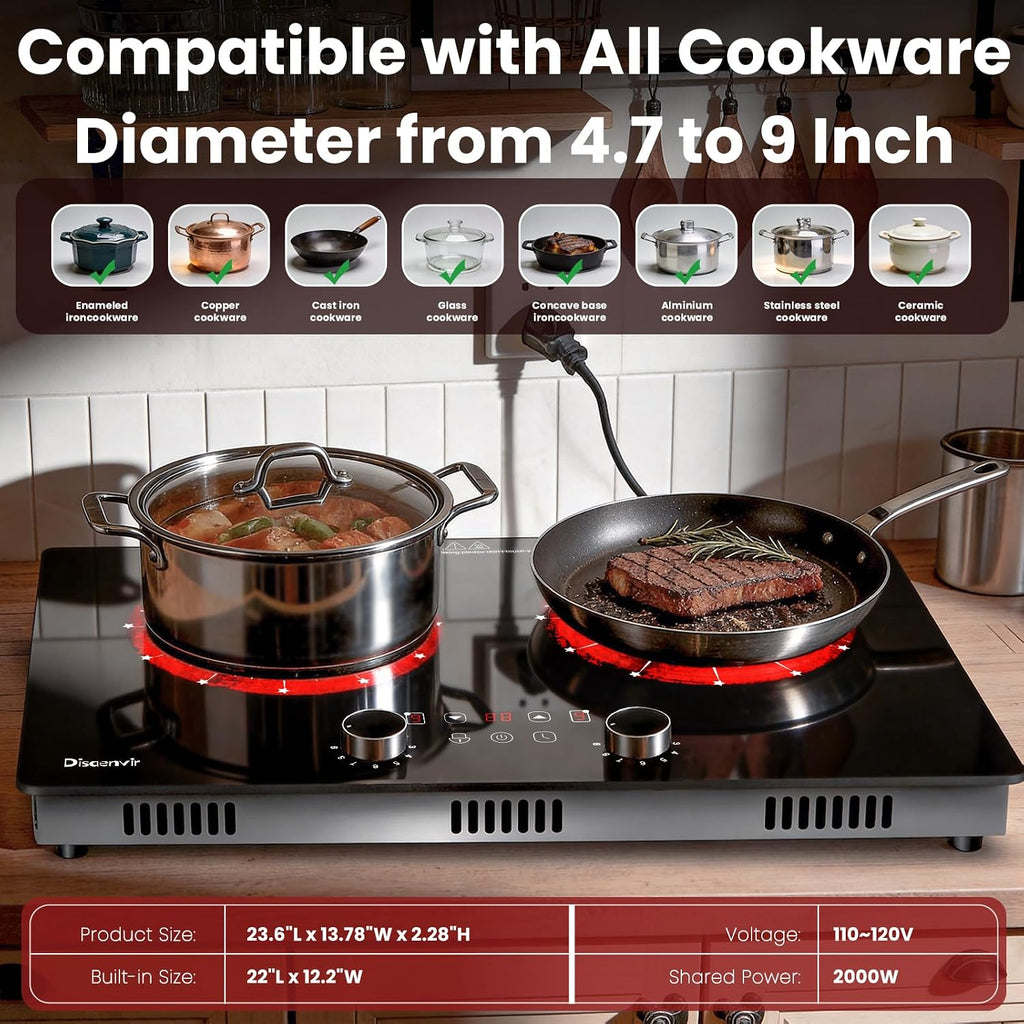 2 Burner Electric Cooktop 110V, 2000W Shard Power