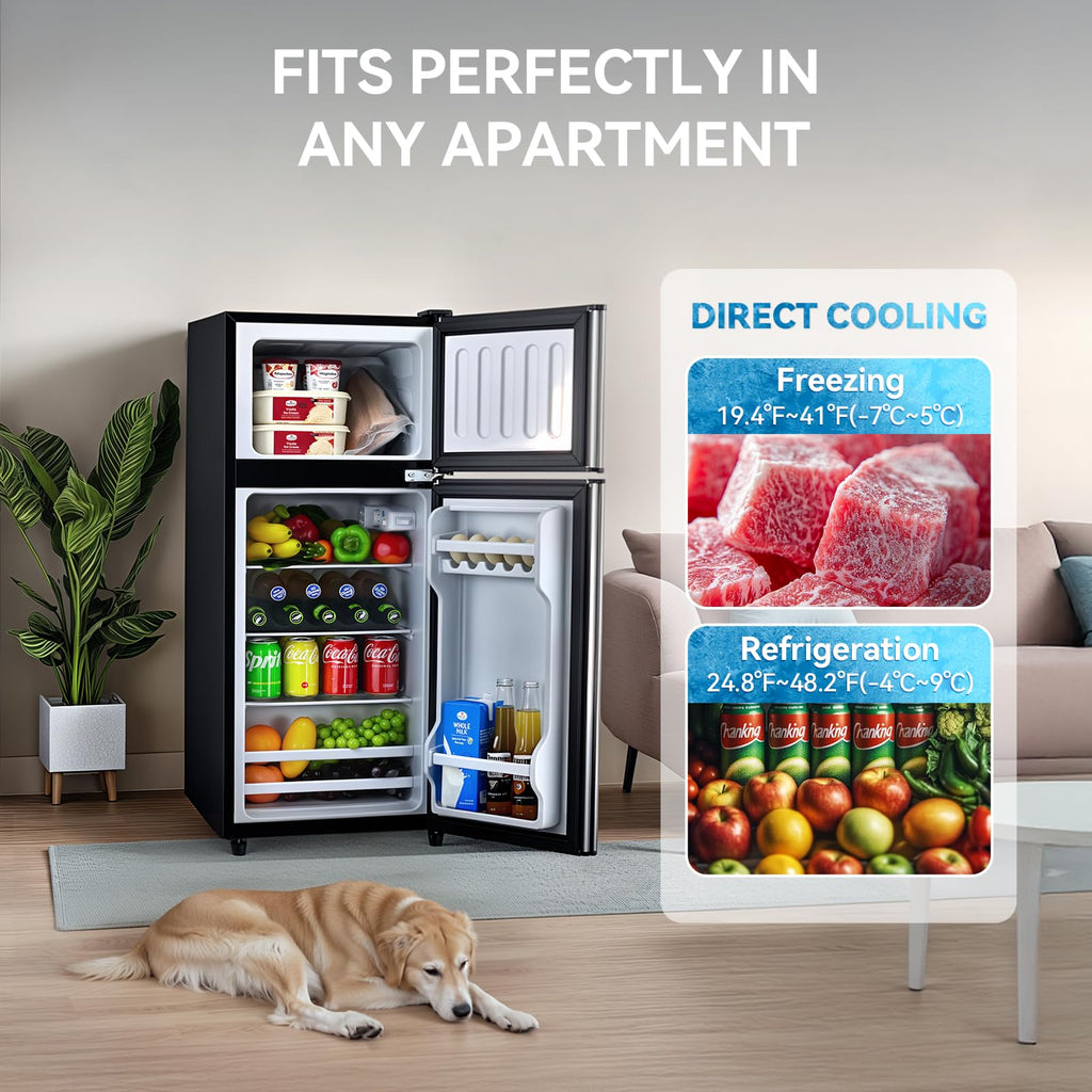 Anypro 4.0 Cu.Ft Fridge with Bottom Freezer, 2 Door Refrigerator with Drawer, 7 Level Temperatures and Adjustable Shelves for Bedroom, Dorm, Office, Apartment, Silver
