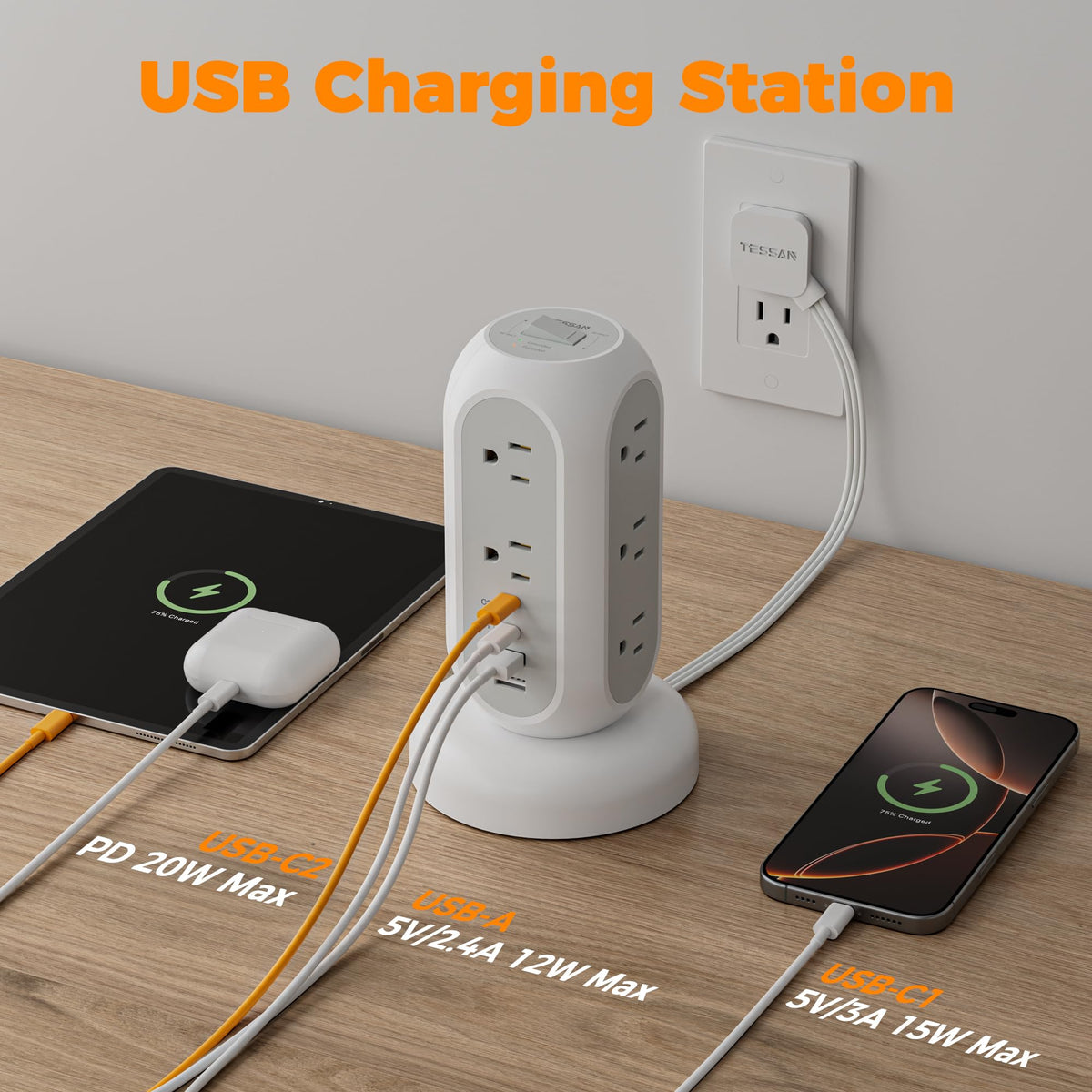 TESSAN Tower Power Strip Flat Plug with 1050J Surge Protection, 6 Ft, Black