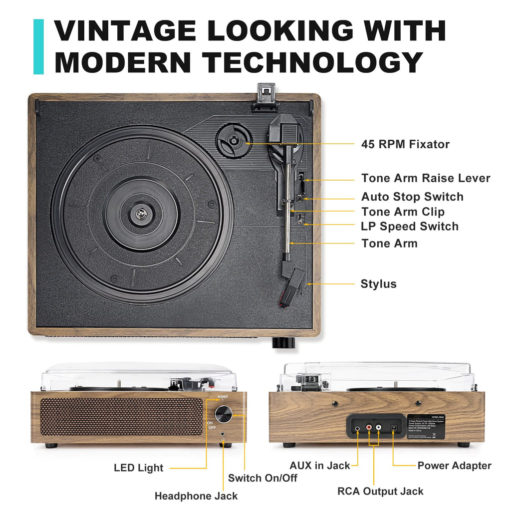 Seasonlife® Retro Vinyl Record Player with Stereo Speakers,Walnut Brown