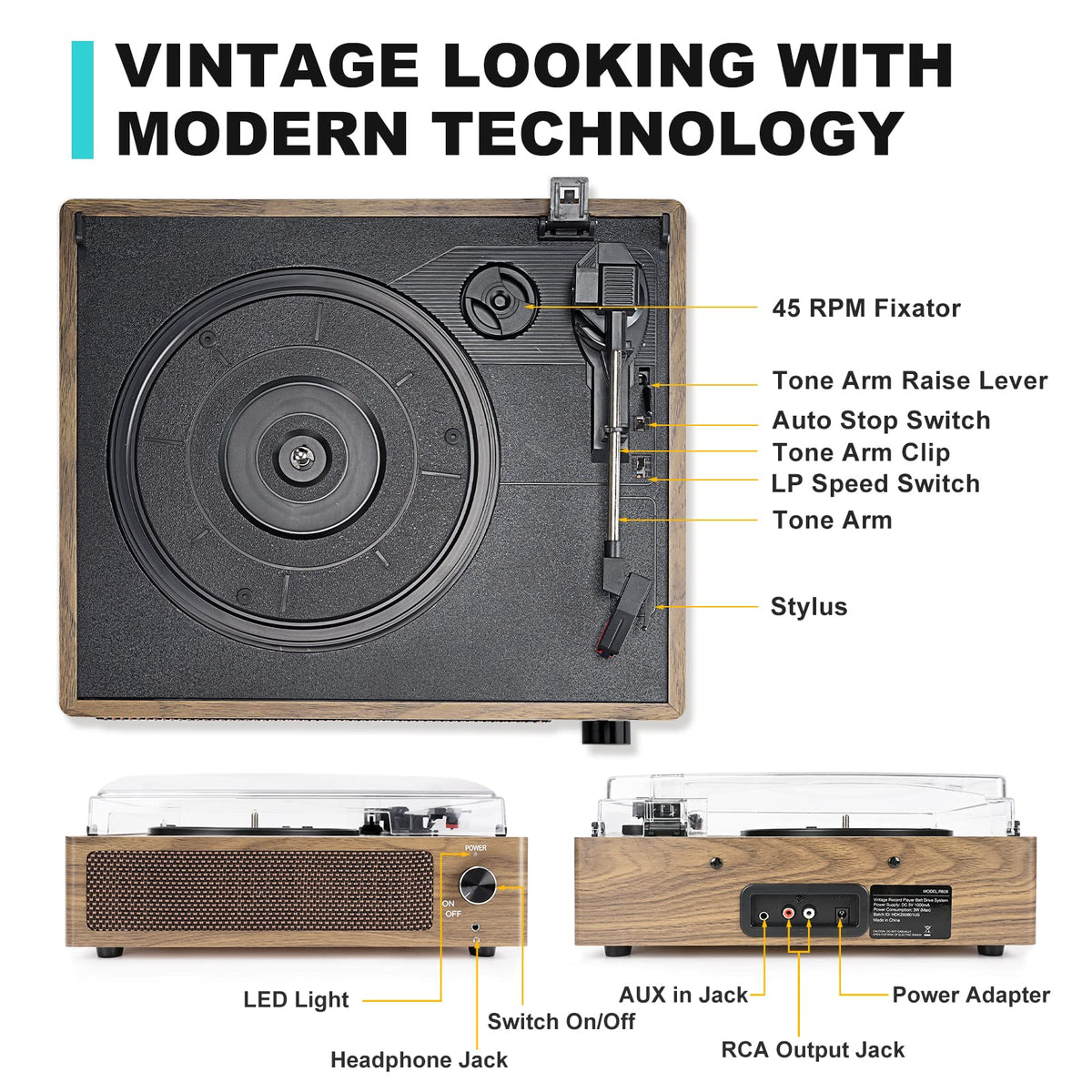 Seasonlife® Retro Vinyl Record Player with Stereo Speakers,Walnut Brown