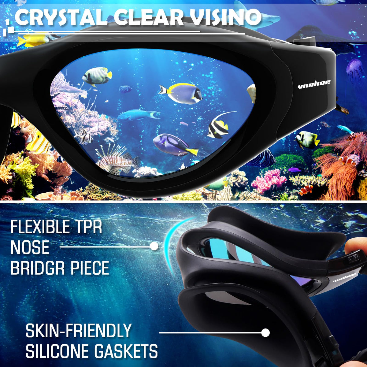 Winline Adult Swimming Goggles,Open Water Goggles Swimming Anti Fog UV Protection No Leakage Clear Vision Easy to Adjust for Adults Men Women Teenagers