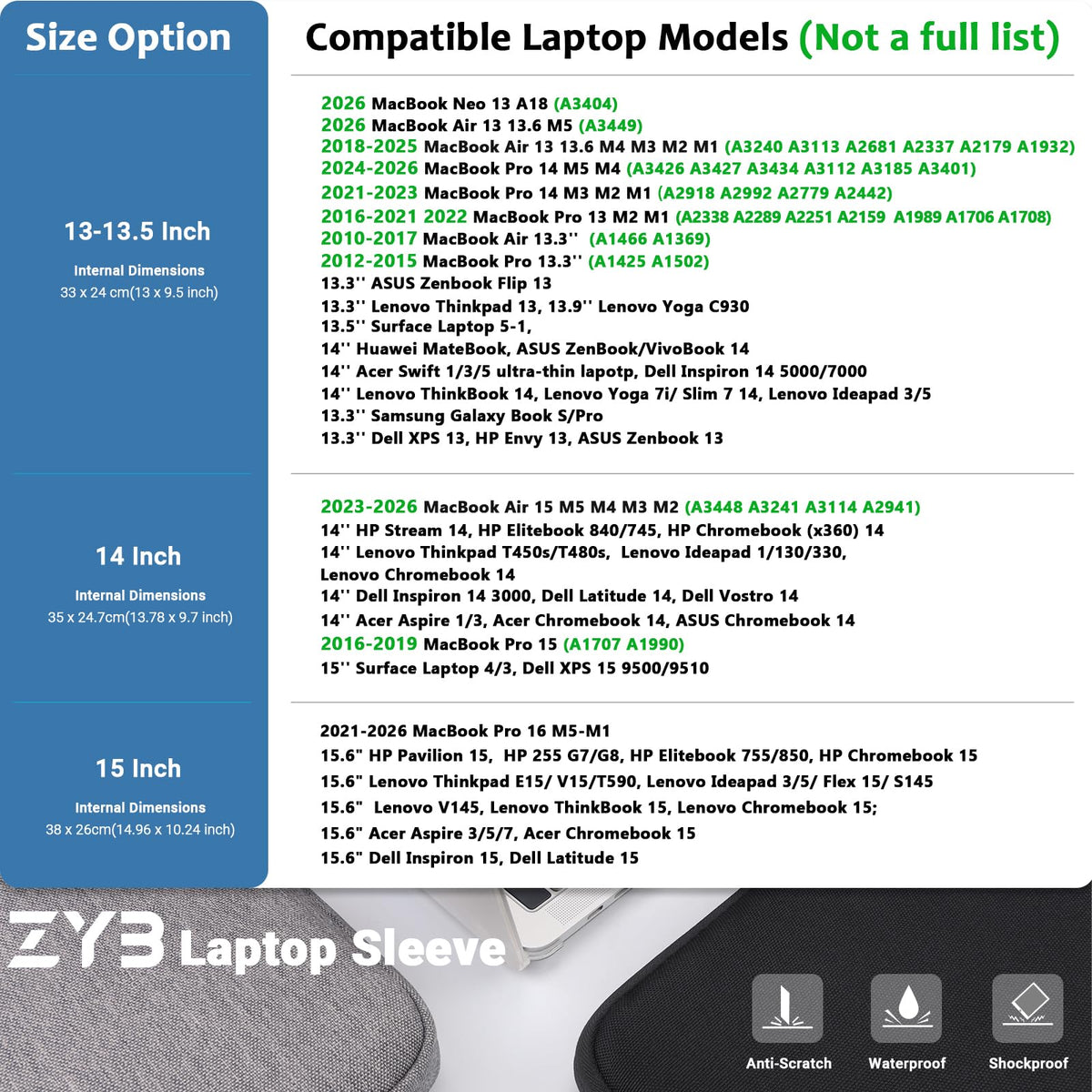 ZYB Laptop Sleeve 14 Inch, Waterproof Shockproof 14 Inch Laptop Case for 14" Notebook Lenovo Thinkpad IdeaPad, MacBook Air 15.3 2026-2023 M5 M4 M3 M2, 14" HP Dell Acer Chromebook Mac Pro 15-Black