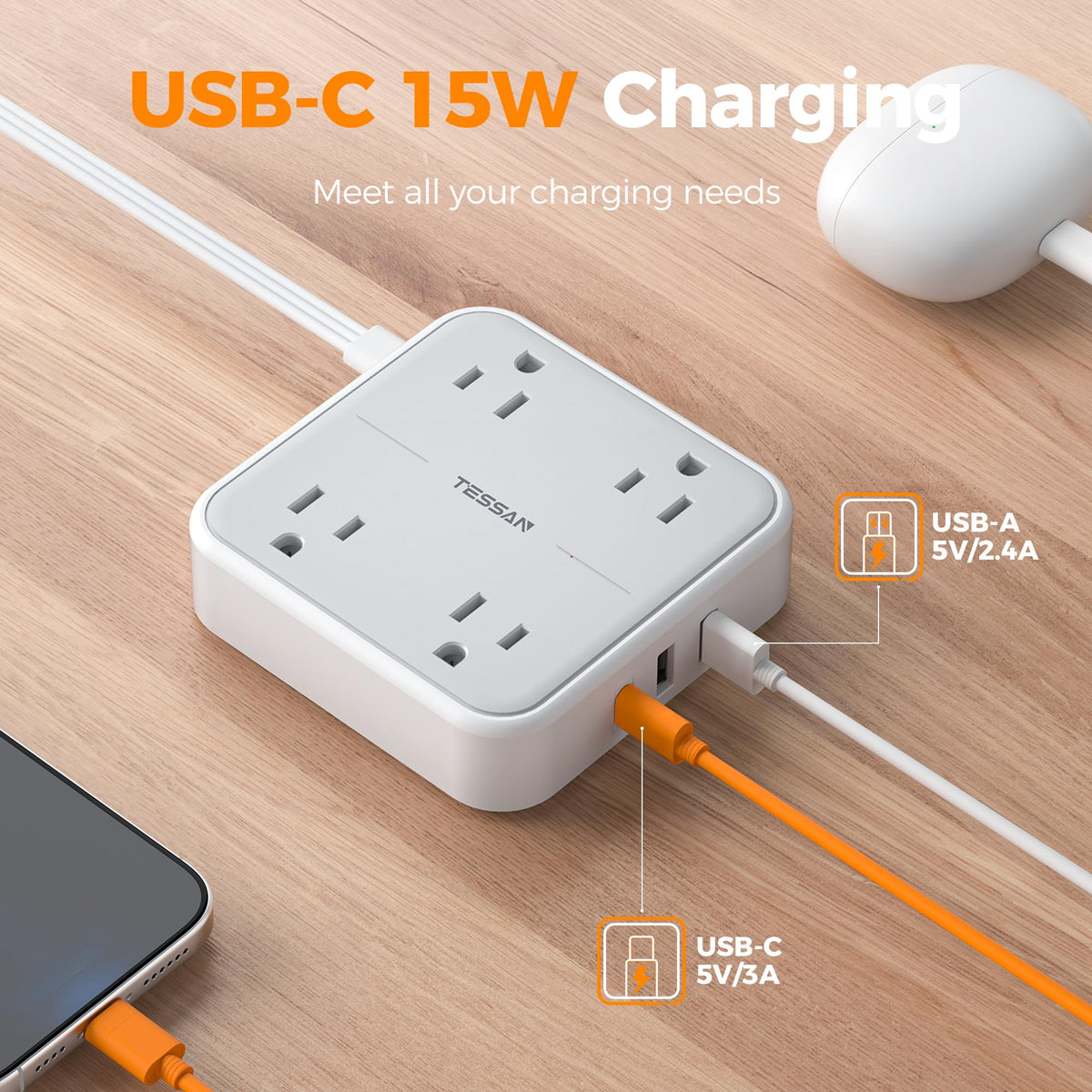 TESSAN PD 20W Surge Protector Extension Cord 5Ft, Flat Plug Power Strip