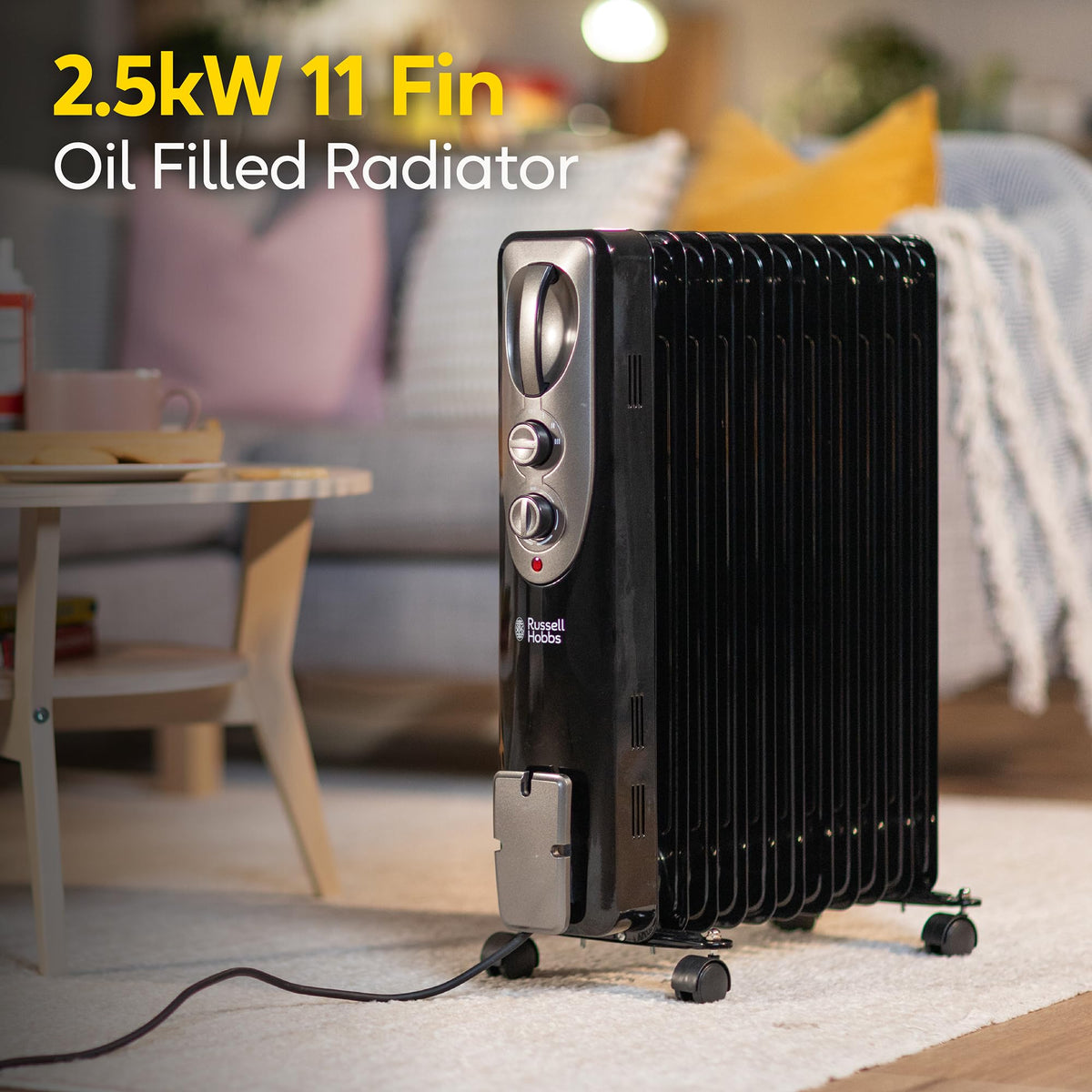 Russell Hobbs 2000W/2KW Oil Filled Radiator, 9 Fin Portable Electric Heater - White, Adjustable Thermostat with 3 Heat Settings, Safety Cut-off, 20 m sq Room Size, RHOFR5002, 2 Year Guarantee