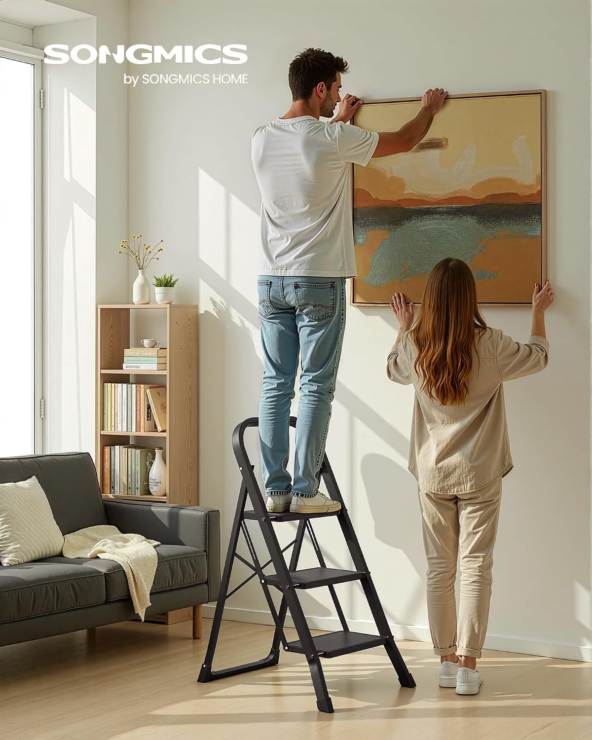 SONGMICS 3-Step Ladder, Folding Step Ladder, Safety, Holds up to 150KG
