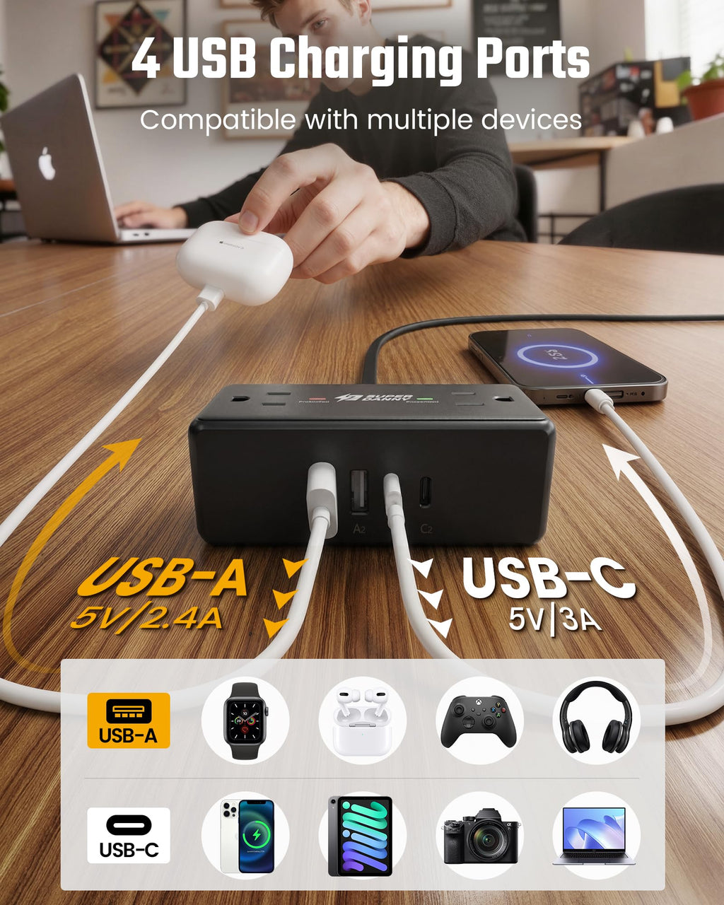 3Ft Short Extension Cord with Multiple Outlets, Surge Protector Power Strip