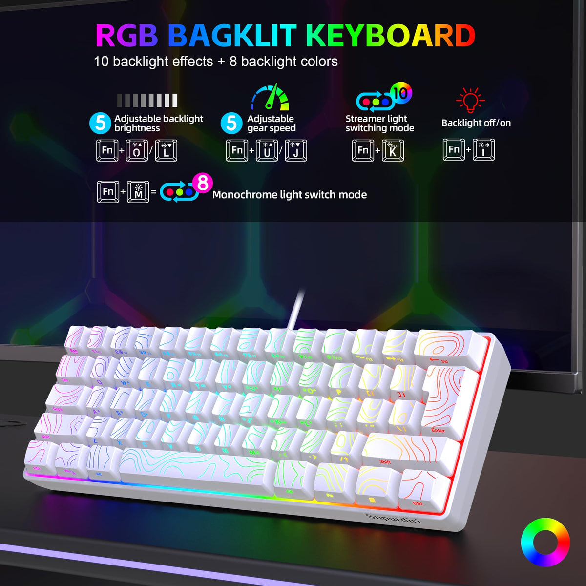 Snpurdiri 60% Wired Mechanical Gaming Keyboard, Ice Blue LED Backlit 61 Keys Mini Wired Office Keyboard for Windows Laptop PC Mac (Black-White, Red Switches)